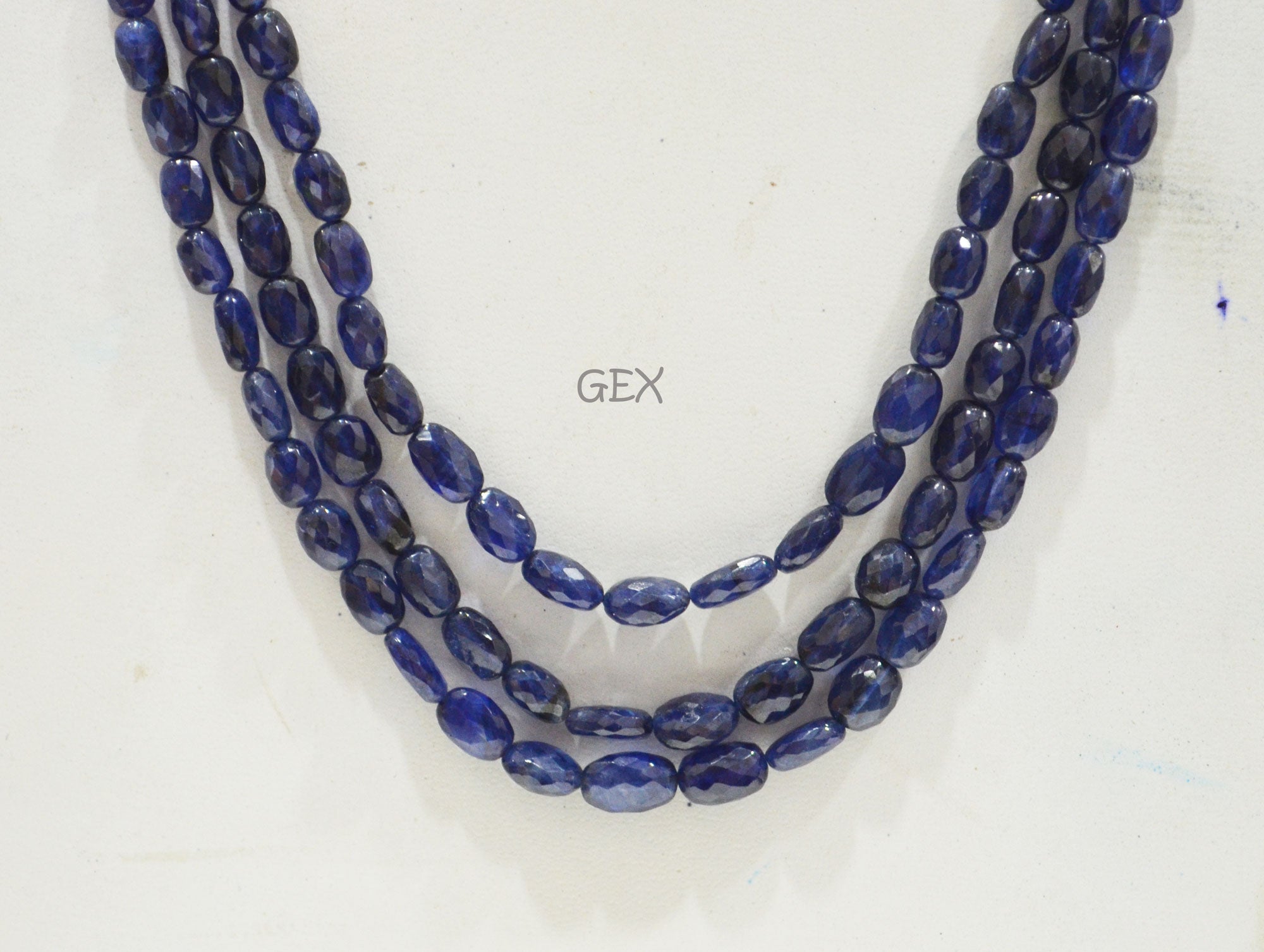 Sapphire Glass Filled Faceted Oval Nuggets Shape Necklace , Sapphire Glass Filled 3 Line Necklace 20 - 22 Inches Long With Adjustable Tussle , 5.50x7 - 8x10 mm , 32028