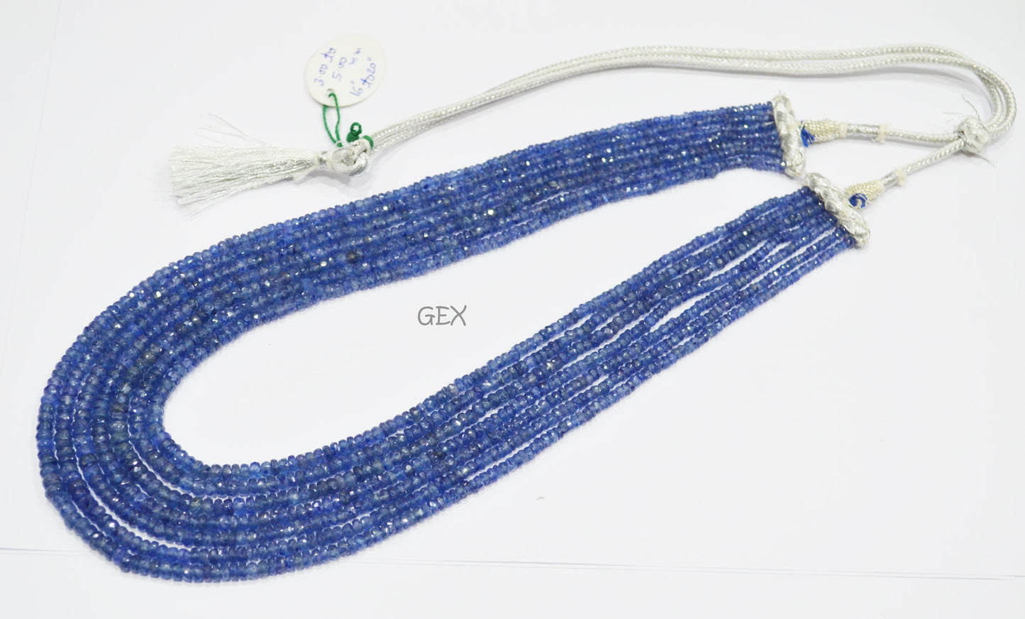 Sapphire Glass Filled Faceted Rondelle Shape Necklace , Sapphire Glass Filled 7 Line Necklace 16 - 20 Inches Long With Adjustable Tussle , 3 - 5 mm , 32030