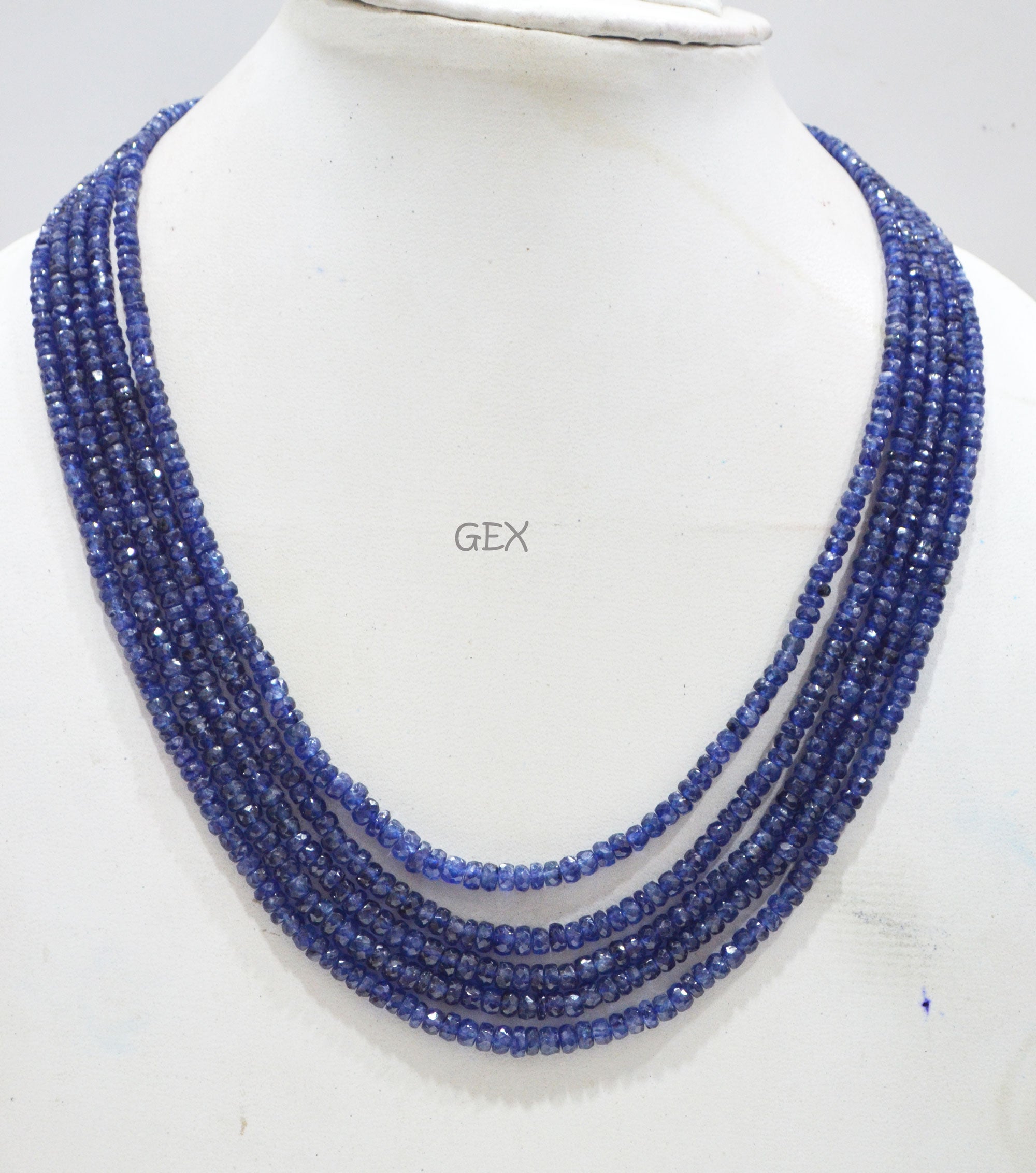 Sapphire Glass Filled Faceted Rondelle Shape Necklace , Sapphire Glass Filled 5 Line Necklace 16 - 19 Inches Long With Adjustable Tussle , 3 - 5 mm , 32031