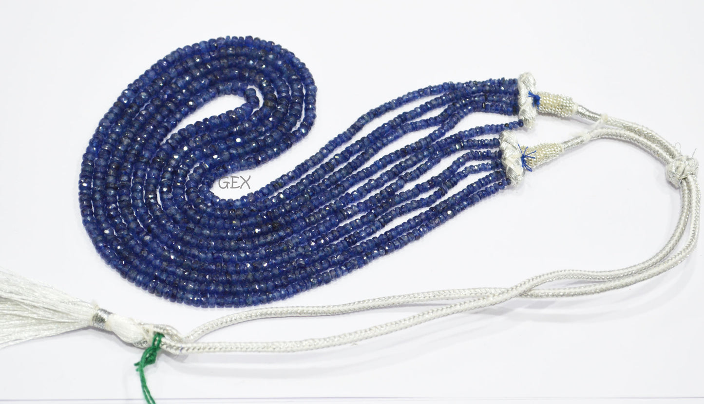 Sapphire Glass Filled Faceted Rondelle Shape Necklace , Sapphire Glass Filled 5 Line Necklace 16 - 19 Inches Long With Adjustable Tussle , 3 - 5 mm , 32031
