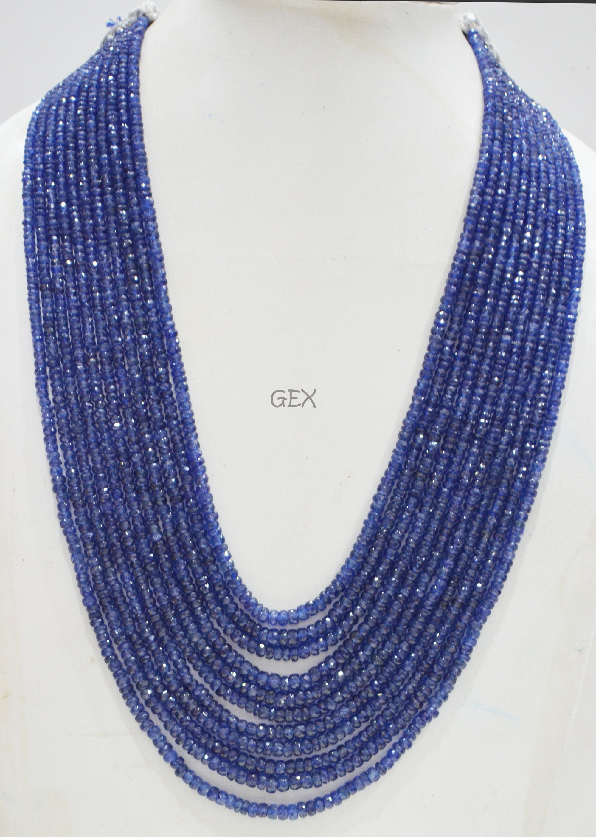 Sapphire Glass Filled Faceted Rondelle Shape Necklace , Sapphire Glass Filled 11 Line Necklace 16 - 22 Inches Long With Adjustable Tussle , 3 - 5 mm , 32032