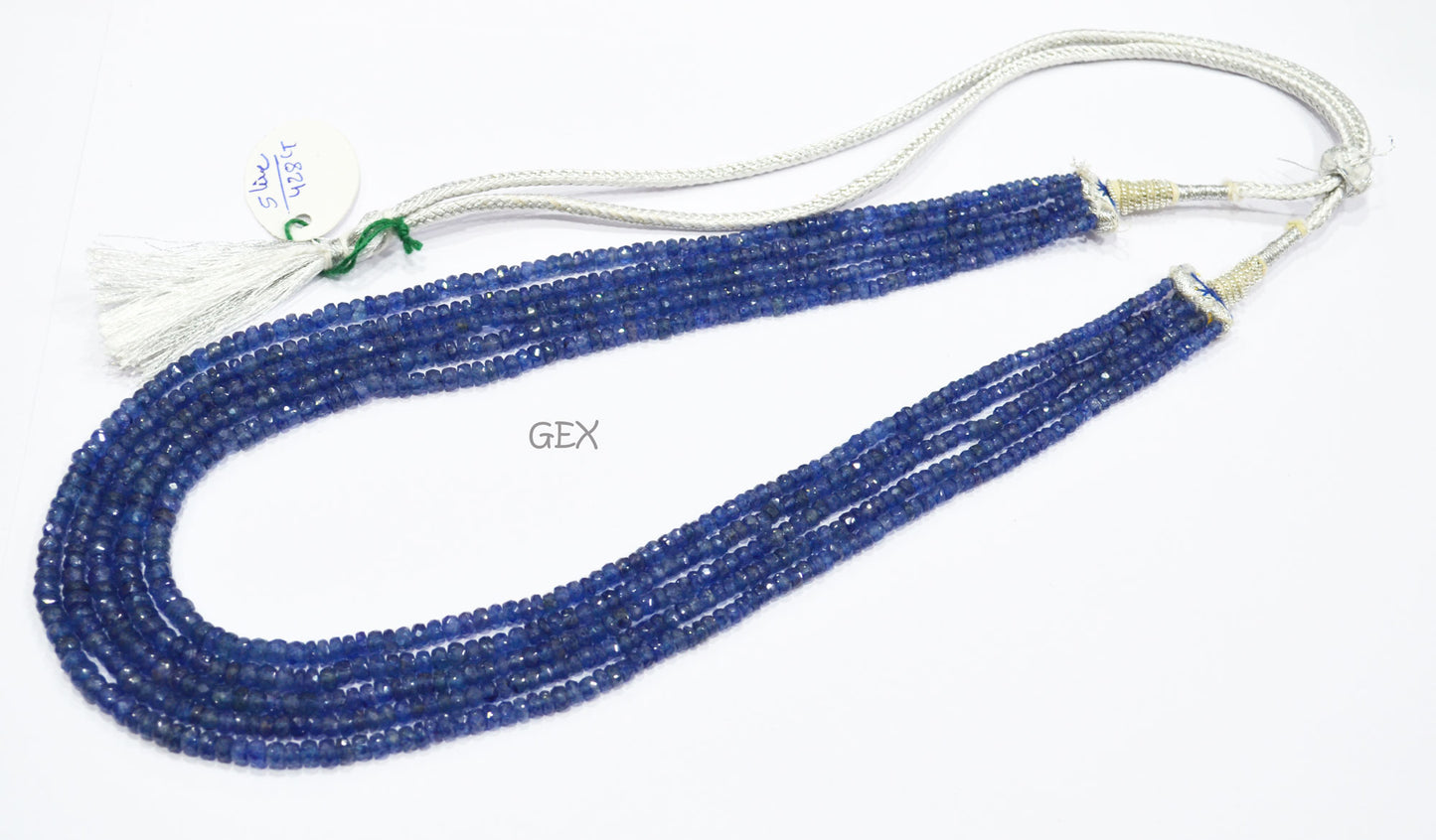 Sapphire Glass Filled Faceted Rondelle Shape Necklace , Sapphire Glass Filled 5 Line Necklace 16.50 - 19 Inches Long With Adjustable Tussle , 3 - 5 mm , 32033