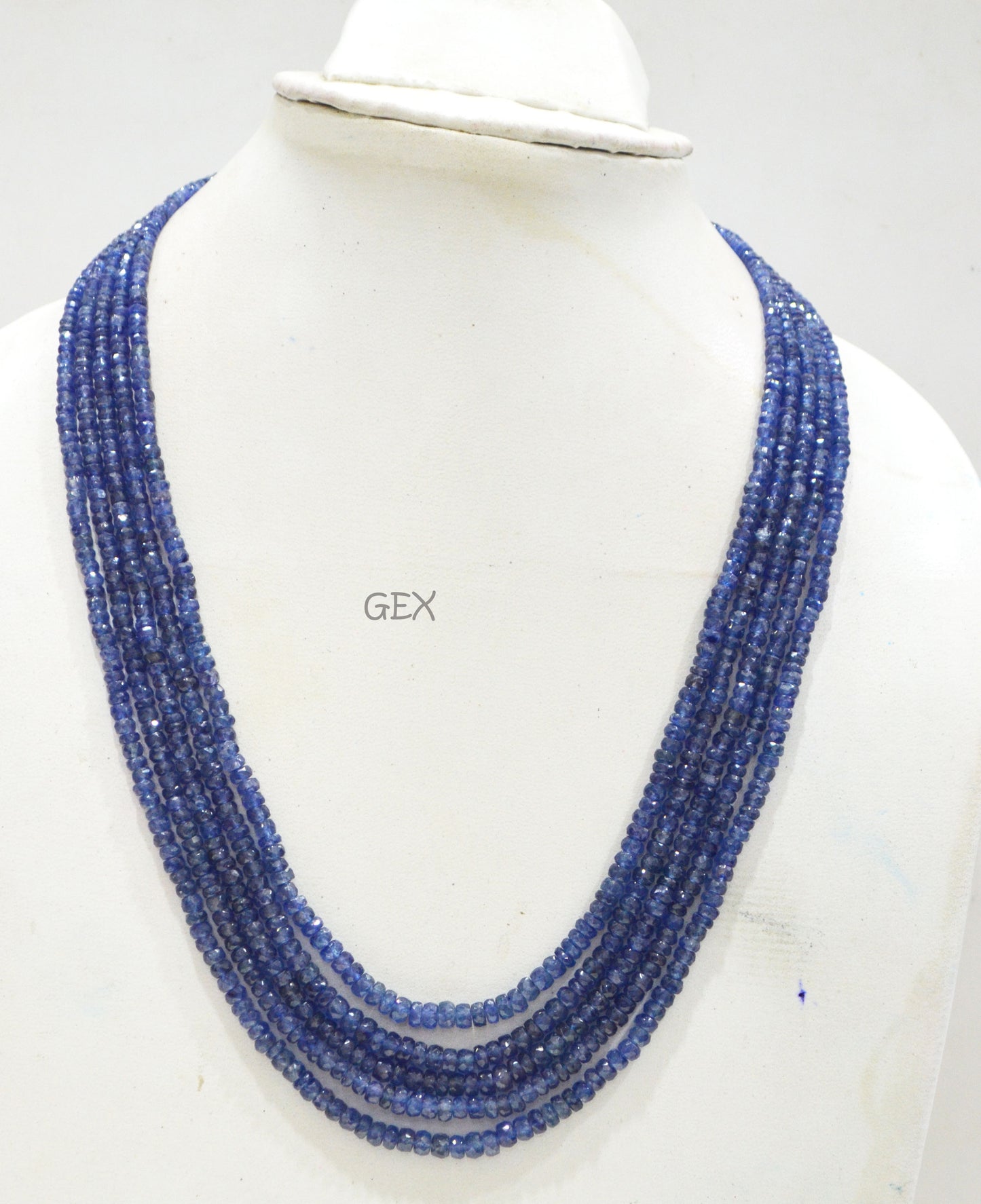 Sapphire Glass Filled Faceted Rondelle Shape Necklace , Sapphire Glass Filled 5 Line Necklace 16.50 - 19 Inches Long With Adjustable Tussle , 3 - 5 mm , 32033