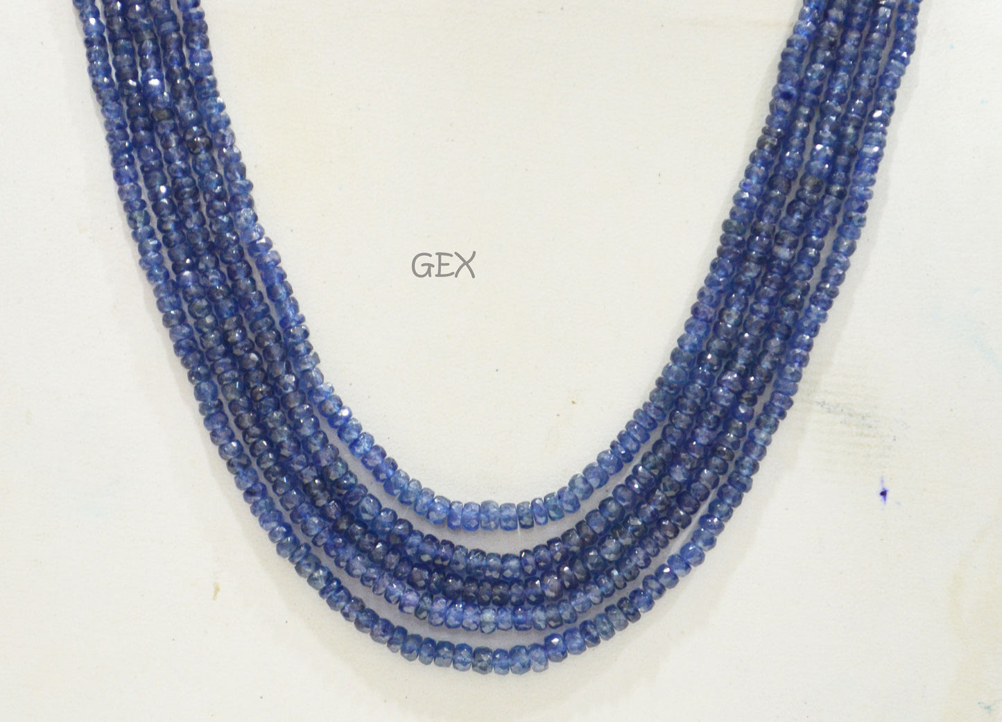 Sapphire Glass Filled Faceted Rondelle Shape Necklace , Sapphire Glass Filled 5 Line Necklace 16.50 - 19 Inches Long With Adjustable Tussle , 3 - 5 mm , 32033