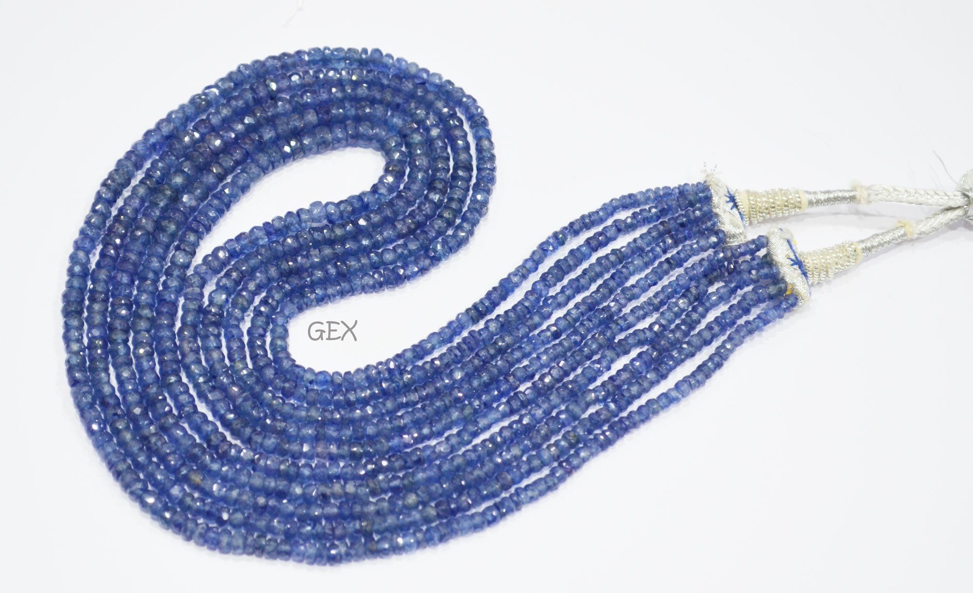 Sapphire Glass Filled Faceted Rondelle Shape Necklace , Sapphire Glass Filled 5 Line Necklace 16.50 - 19 Inches Long With Adjustable Tussle , 3 - 5 mm , 32033