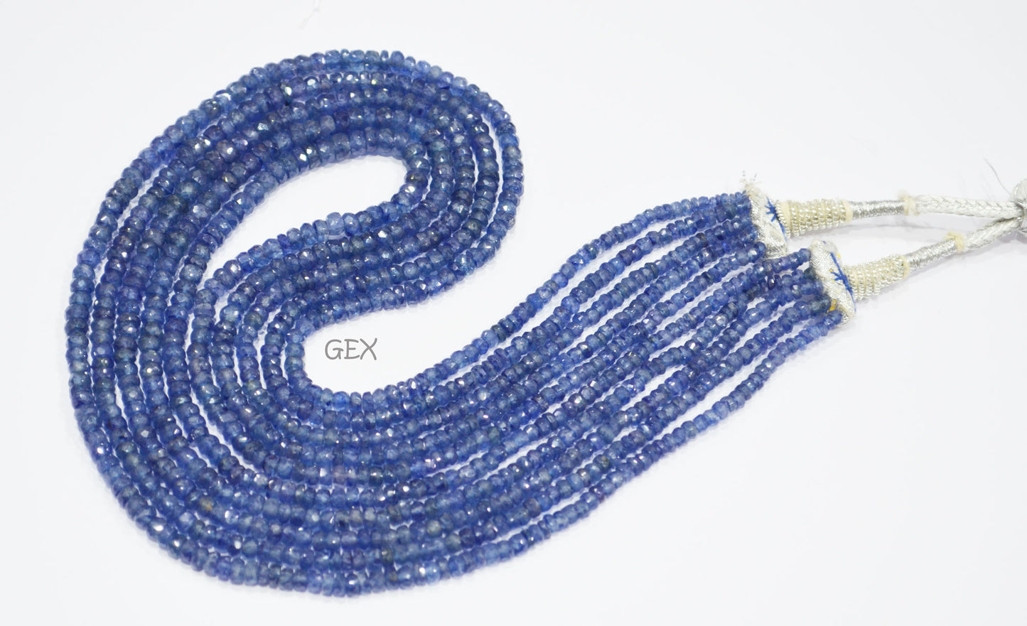 Sapphire Glass Filled Faceted Rondelle Shape Necklace , Sapphire Glass Filled 5 Line Necklace 16.50 - 19 Inches Long With Adjustable Tussle , 3 - 5 mm , 32033