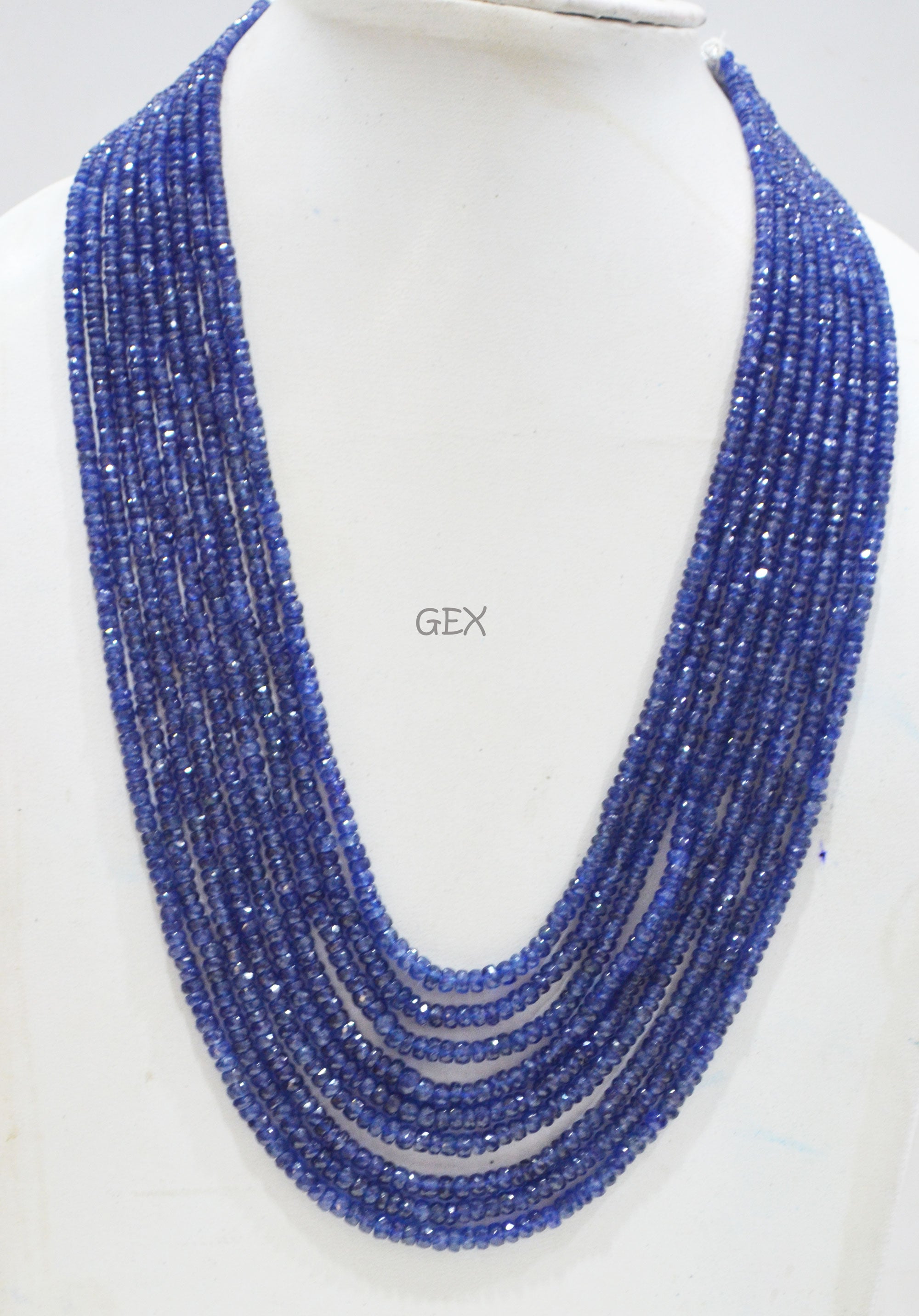Sapphire Glass Filled Faceted Rondelle Shape Necklace , Sapphire Glass Filled 9 Line Necklace 17 - 22 Inches Long With Adjustable Tussle , 3 - 5 mm , 32035