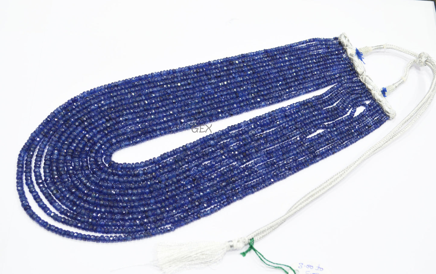 Sapphire Glass Filled Faceted Rondelle Shape Necklace , Sapphire Glass Filled 12 Line Necklace 17 - 22 Inches Long With Adjustable Tussle , 3 - 5 mm , 32037