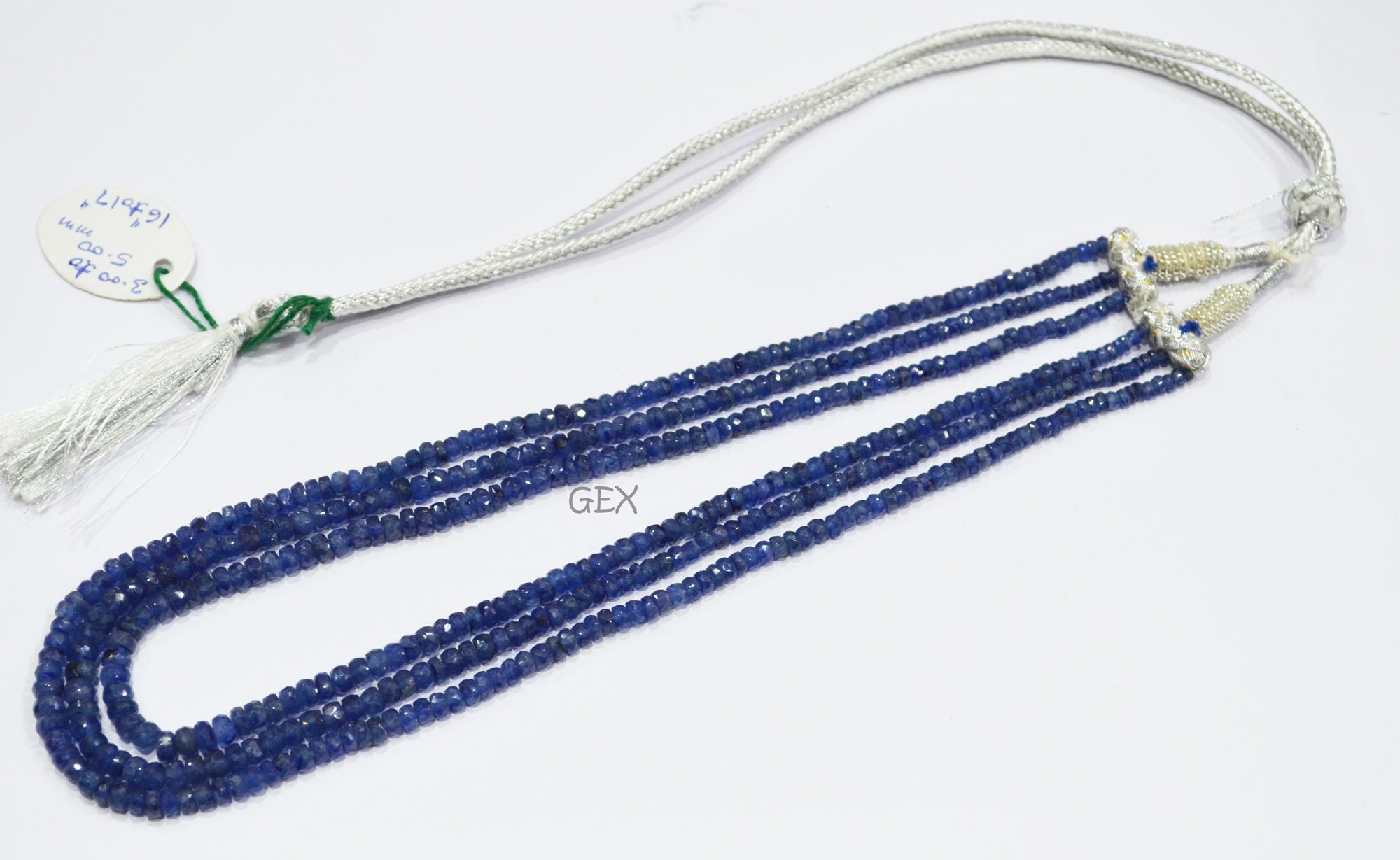 Sapphire Glass Filled Faceted Rondelle Shape Necklace , Sapphire Glass Filled 3 Line Necklace 16 - 17 Inches Long With Adjustable Tussle , 3 - 5 mm , 32038