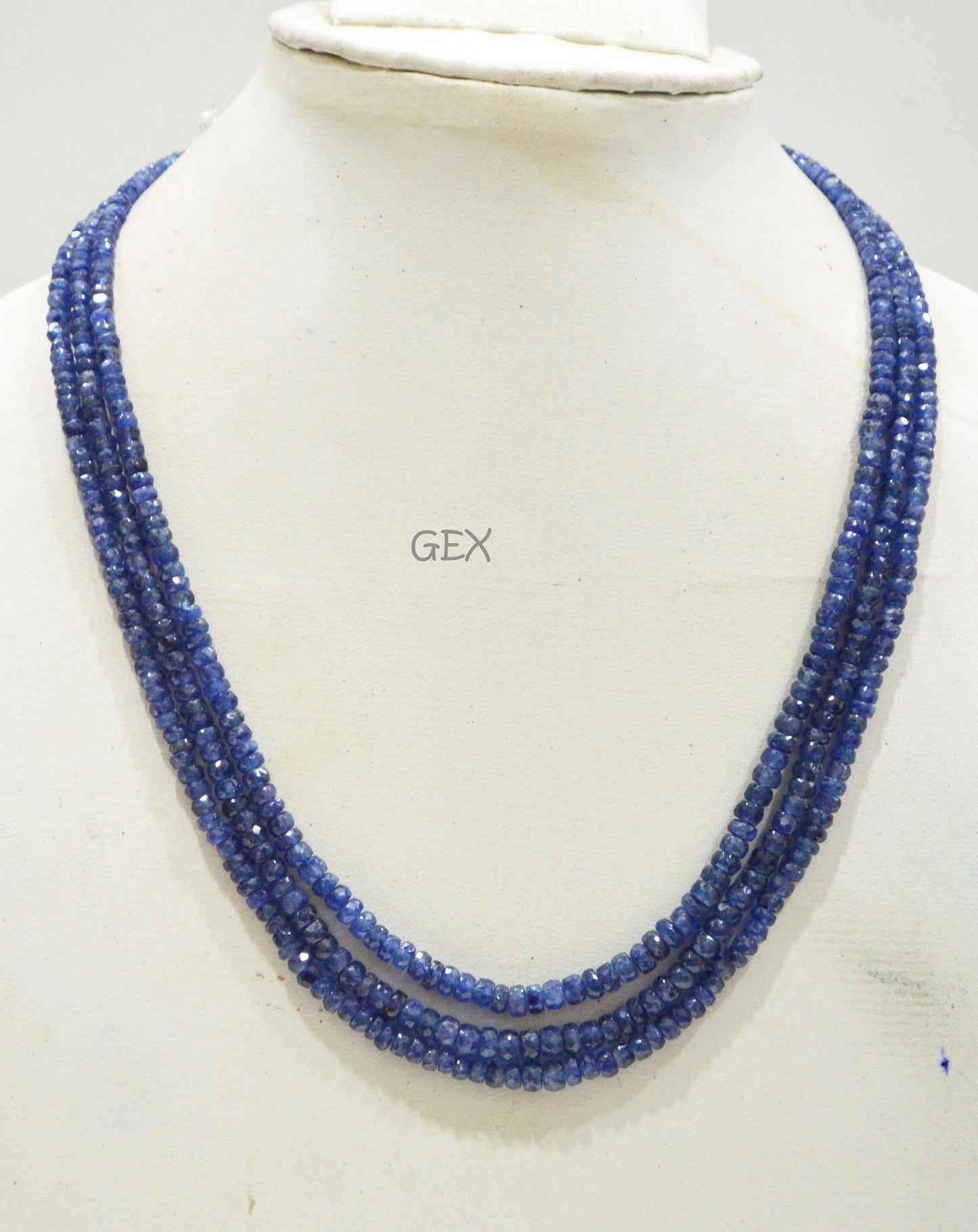 Sapphire Glass Filled Faceted Rondelle Shape Necklace , Sapphire Glass Filled 3 Line Necklace 16 - 17 Inches Long With Adjustable Tussle , 3 - 5 mm , 32038