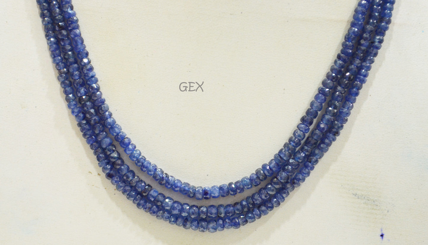 Sapphire Glass Filled Faceted Rondelle Shape Necklace , Sapphire Glass Filled 3 Line Necklace 16 - 17 Inches Long With Adjustable Tussle , 3 - 5 mm , 32038