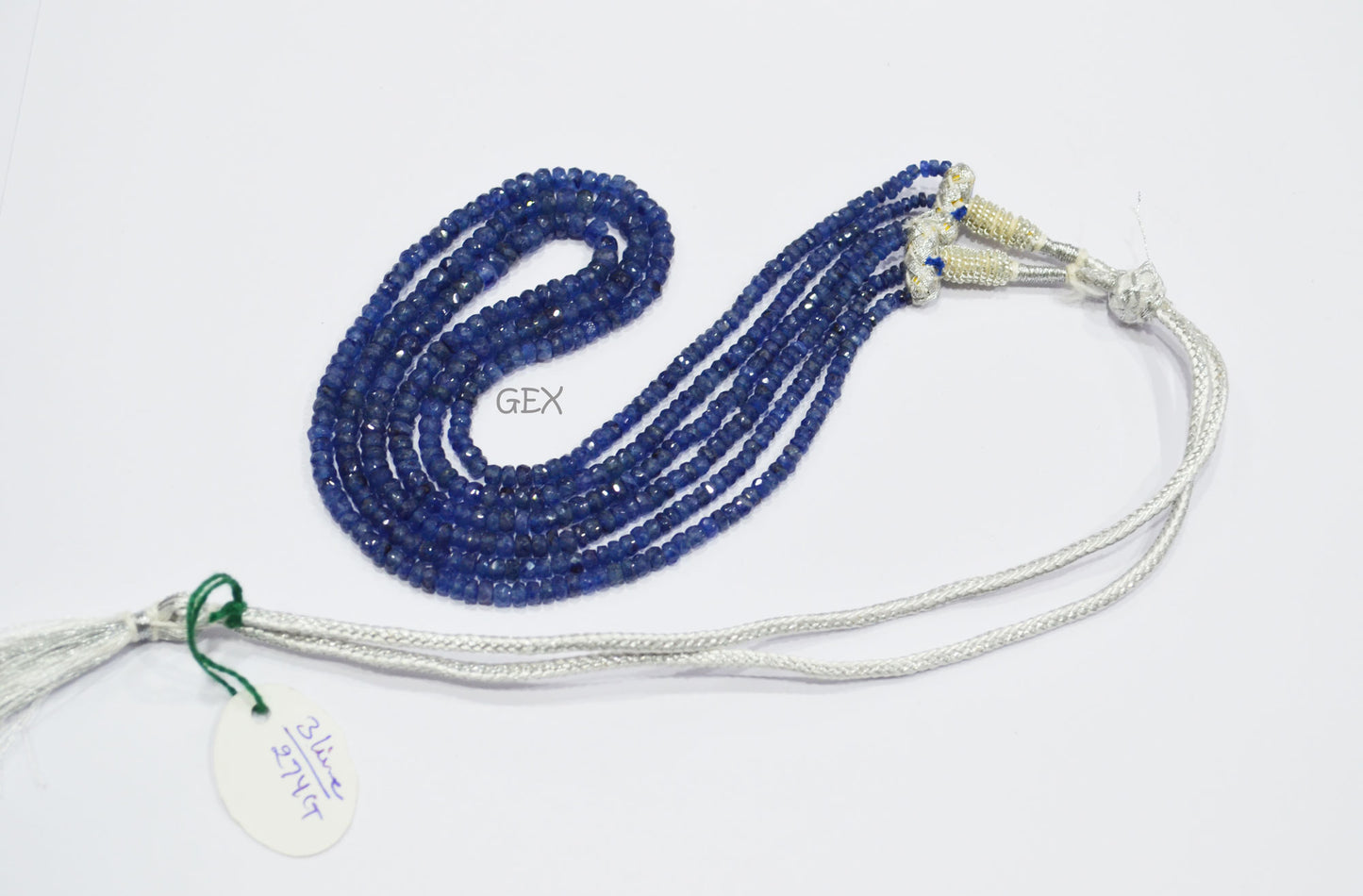 Sapphire Glass Filled Faceted Rondelle Shape Necklace , Sapphire Glass Filled 3 Line Necklace 16 - 17 Inches Long With Adjustable Tussle , 3 - 5 mm , 32038