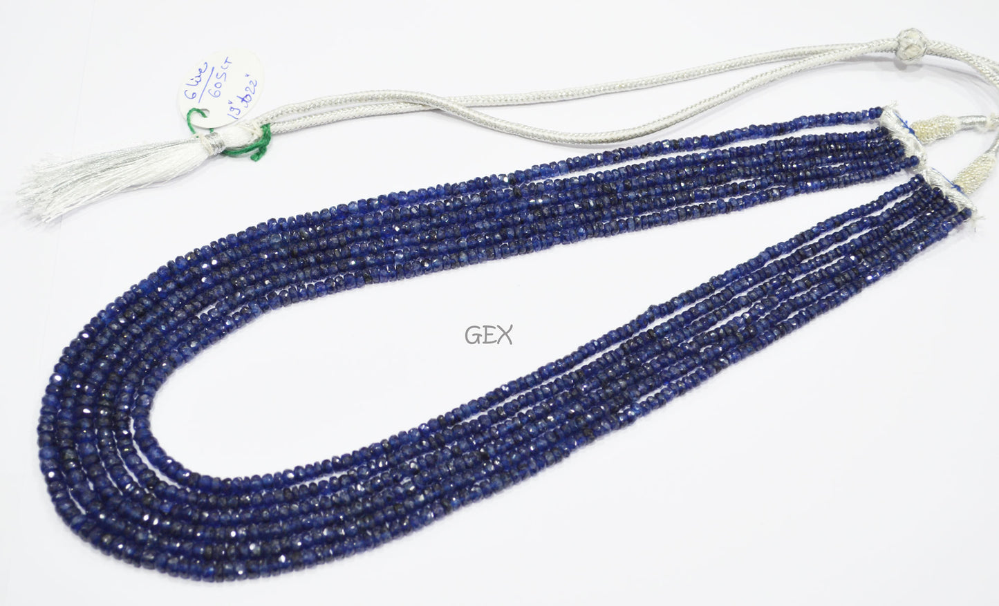 Sapphire Glass Filled Faceted Rondelle Shape Necklace , Sapphire Glass Filled 6 Line Necklace 19 - 22 Inches Long With Adjustable Tussle , 3 - 5 mm , 32039