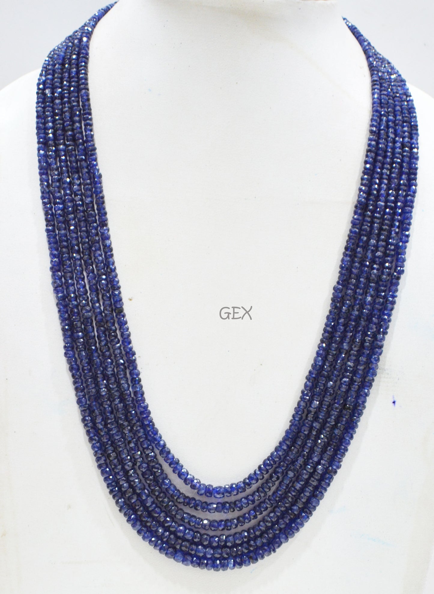 Sapphire Glass Filled Faceted Rondelle Shape Necklace , Sapphire Glass Filled 6 Line Necklace 19 - 22 Inches Long With Adjustable Tussle , 3 - 5 mm , 32039
