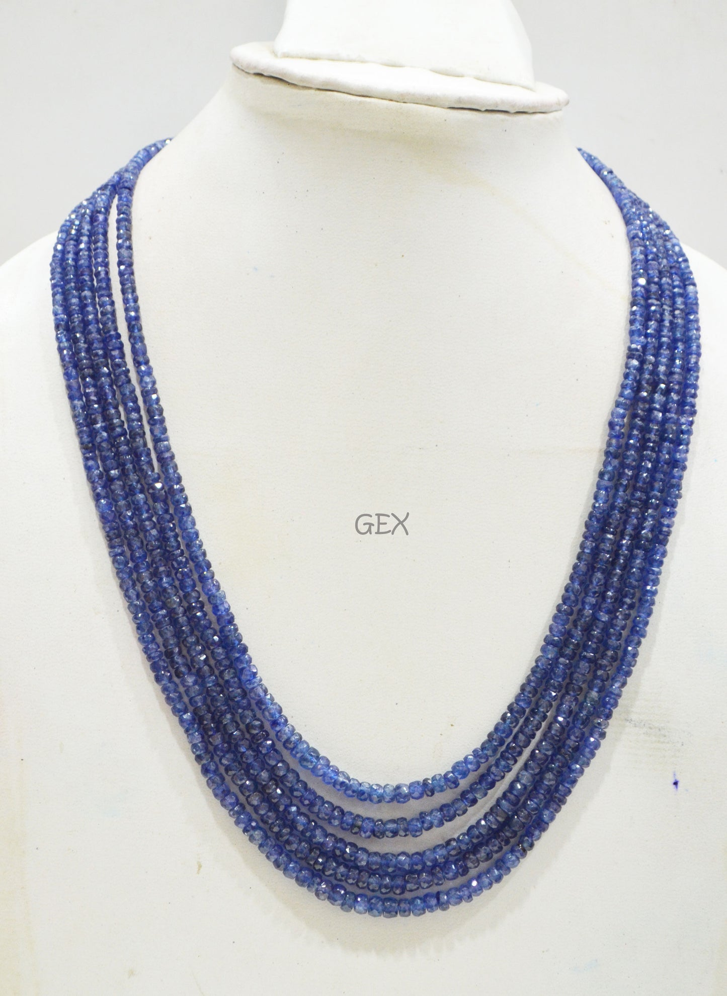 Sapphire Glass Filled Faceted Rondelle Shape Necklace , Sapphire Glass Filled 5 Line Necklace 18 - 20 Inches Long With Adjustable Tussle , 3 - 5 mm , 32040