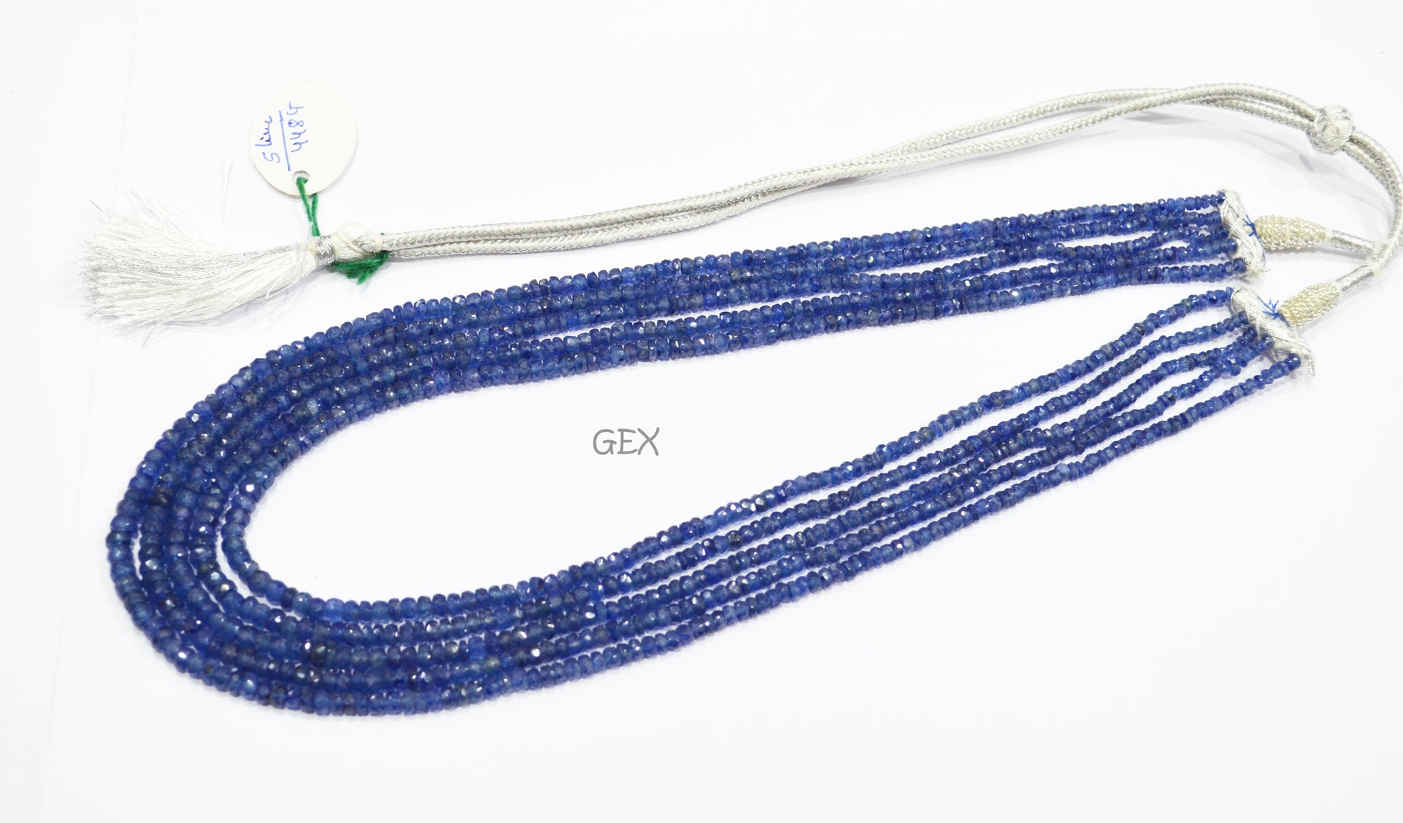 Sapphire Glass Filled Faceted Rondelle Shape Necklace , Sapphire Glass Filled 5 Line Necklace 18 - 20 Inches Long With Adjustable Tussle , 3 - 5 mm , 32040