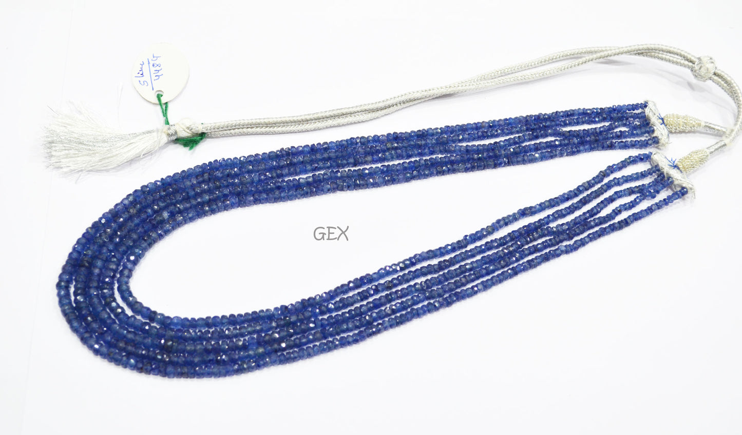 Sapphire Glass Filled Faceted Rondelle Shape Necklace , Sapphire Glass Filled 5 Line Necklace 18 - 20 Inches Long With Adjustable Tussle , 3 - 5 mm , 32040