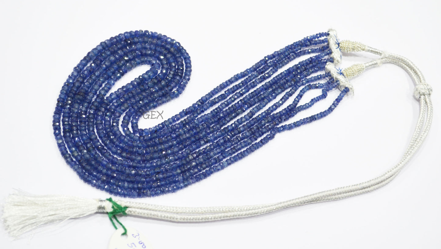 Sapphire Glass Filled Faceted Rondelle Shape Necklace , Sapphire Glass Filled 5 Line Necklace 18 - 20 Inches Long With Adjustable Tussle , 3 - 5 mm , 32040