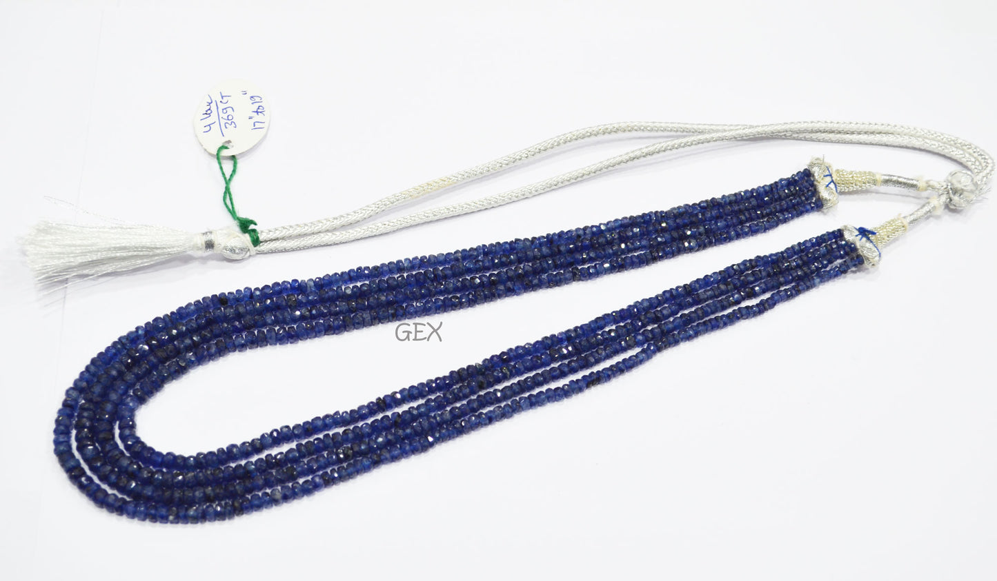 Sapphire Glass Filled Faceted Rondelle Shape Necklace , Sapphire Glass Filled 4 Line Necklace 17 - 19 Inches Long With Adjustable Tussle , 3 - 5 mm , 32042