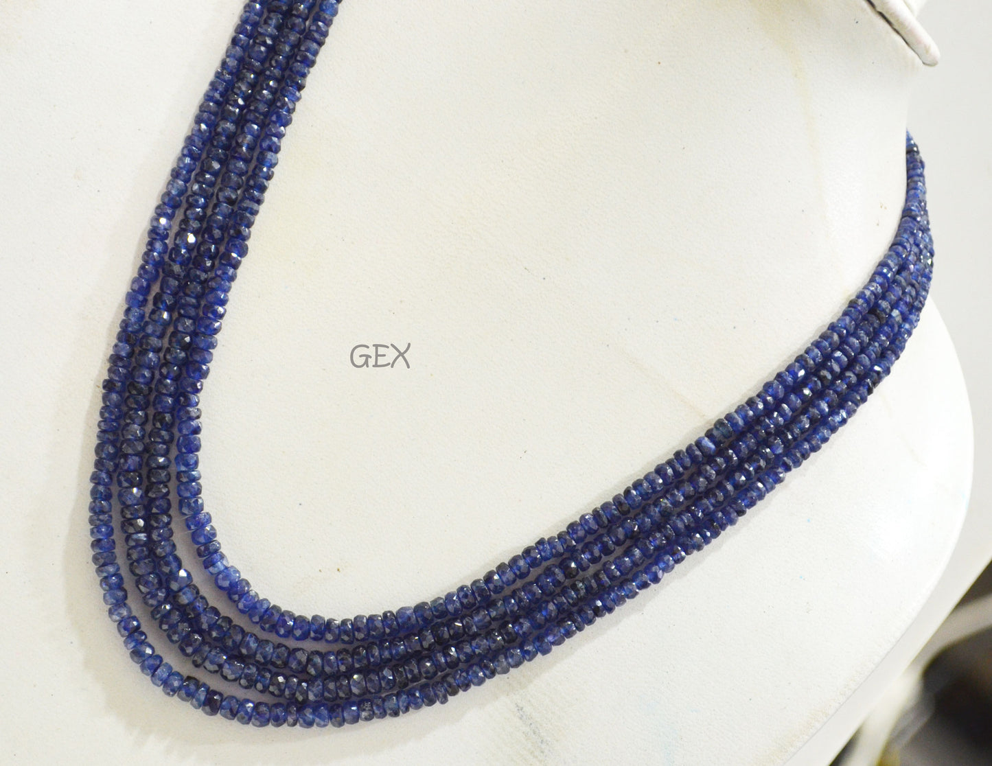 Sapphire Glass Filled Faceted Rondelle Shape Necklace , Sapphire Glass Filled 4 Line Necklace 17 - 19 Inches Long With Adjustable Tussle , 3 - 5 mm , 32042