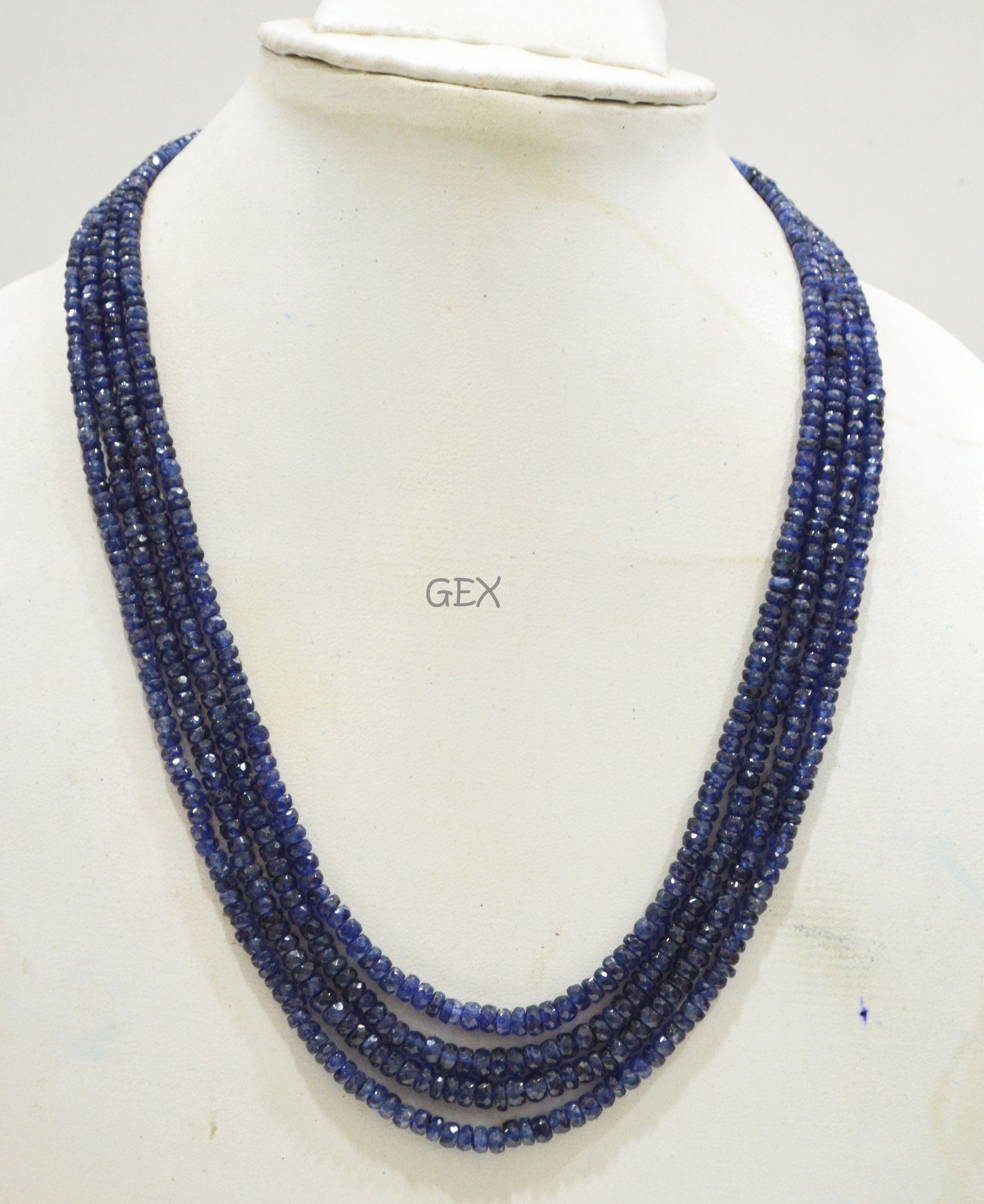 Sapphire Glass Filled Faceted Rondelle Shape Necklace , Sapphire Glass Filled 4 Line Necklace 17 - 19 Inches Long With Adjustable Tussle , 3 - 5 mm , 32042