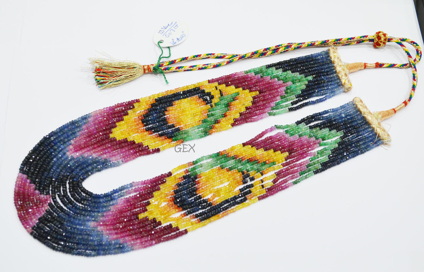 Multi Semi Precious Faceted Rondelle Shape Necklace , Multi Semi Precious Gemstone 13 Line Necklace 16 - 21 Inches Long With Adjustable Tussle , 3 - 3.25 mm , 32043