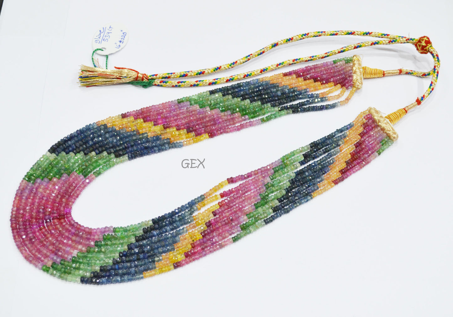 Multi Semi Precious Faceted Rondelle Shape Necklace , Multi Semi Precious Gemstone 9 Line Necklace 16 - 20 Inches Long With Adjustable Tussle , 3 - 4 mm , 32044