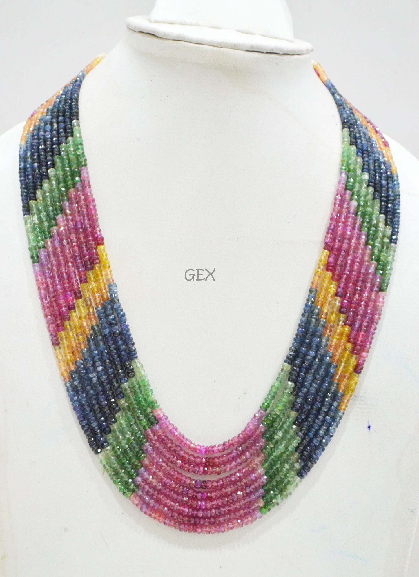 Multi Semi Precious Faceted Rondelle Shape Necklace , Multi Semi Precious Gemstone 9 Line Necklace 16 - 20 Inches Long With Adjustable Tussle , 3 - 4 mm , 32044