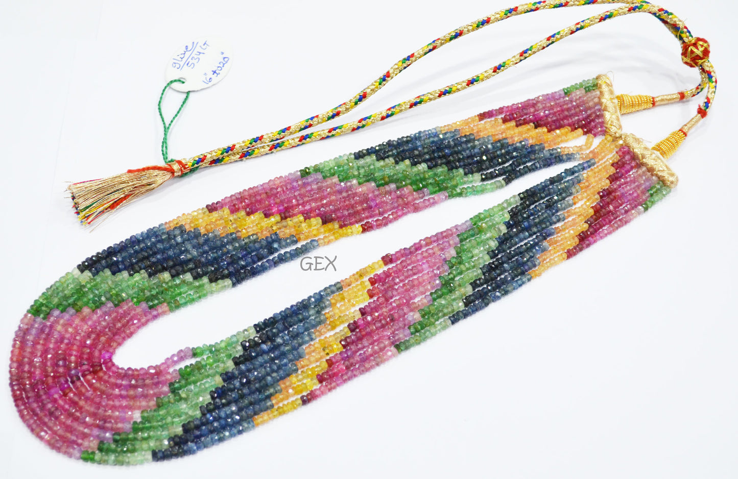 Multi Semi Precious Faceted Rondelle Shape Necklace , Multi Semi Precious Gemstone 9 Line Necklace 16 - 20 Inches Long With Adjustable Tussle , 3 - 4 mm , 32044