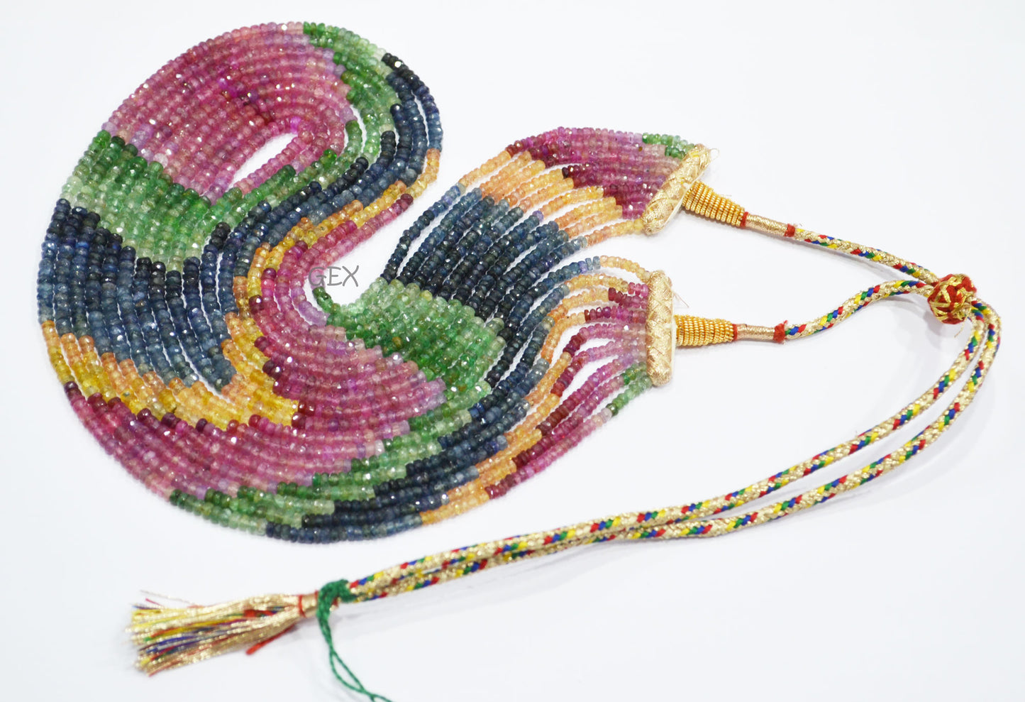 Multi Semi Precious Faceted Rondelle Shape Necklace , Multi Semi Precious Gemstone 9 Line Necklace 16 - 20 Inches Long With Adjustable Tussle , 3 - 4 mm , 32044