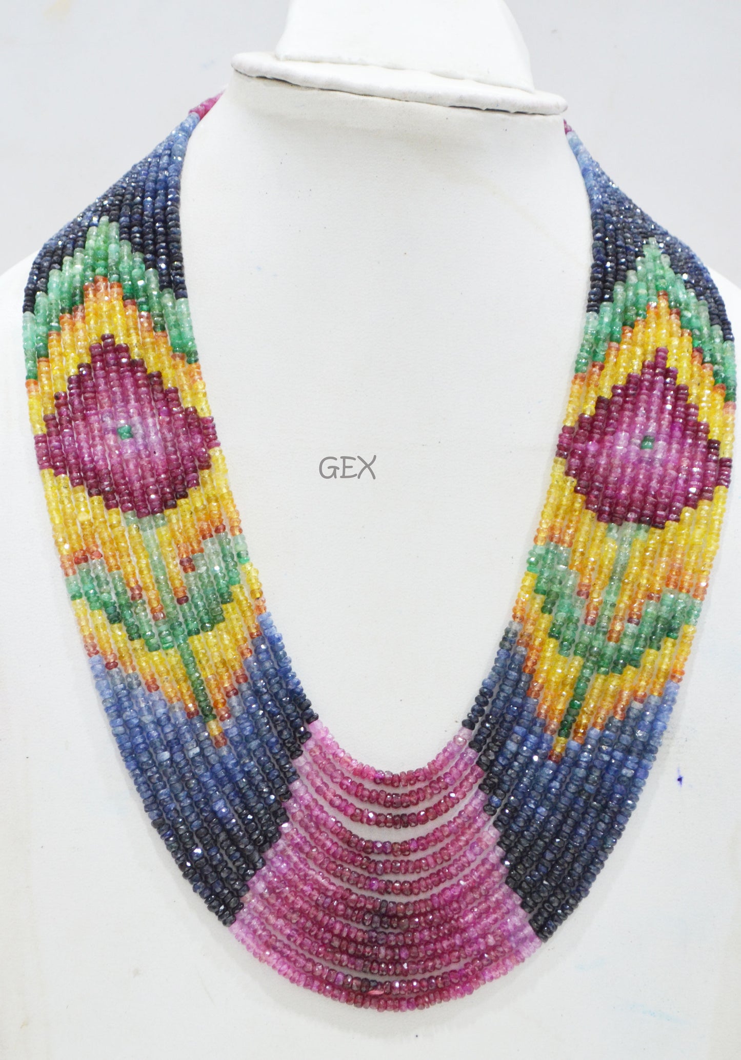 Multi Semi Precious Faceted Rondelle Shape Necklace , Multi Semi Precious Gemstone 13 Line Necklace 16 - 22 Inches Long With Adjustable Tussle , 3 - 3.50 mm , 32046