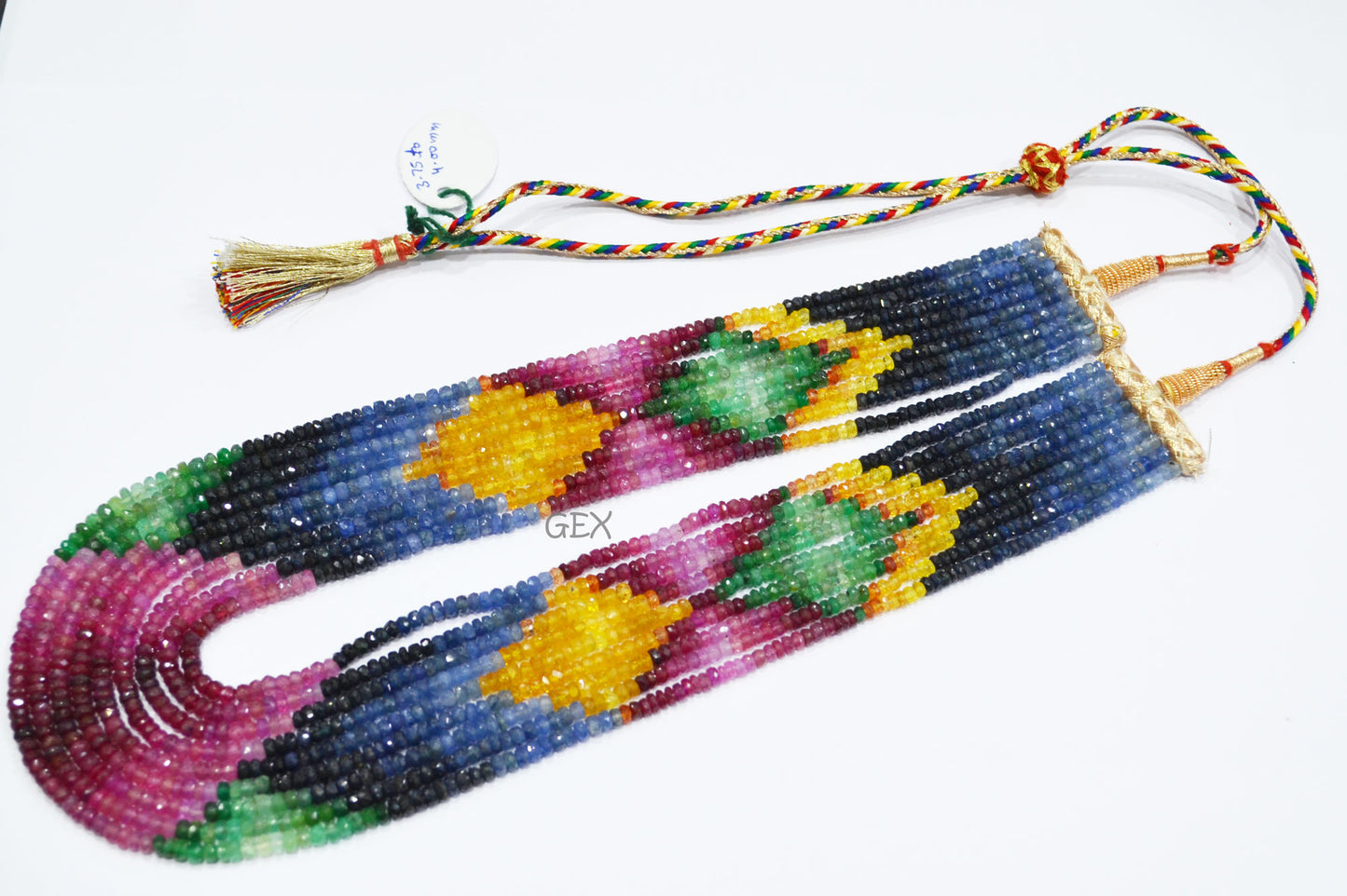 Multi Semi Precious Faceted Rondelle Shape Necklace , Multi Semi Precious Gemstone 9 Line Necklace 16 - 20 Inches Long With Adjustable Tussle , 3.75 - 4 mm , 32048