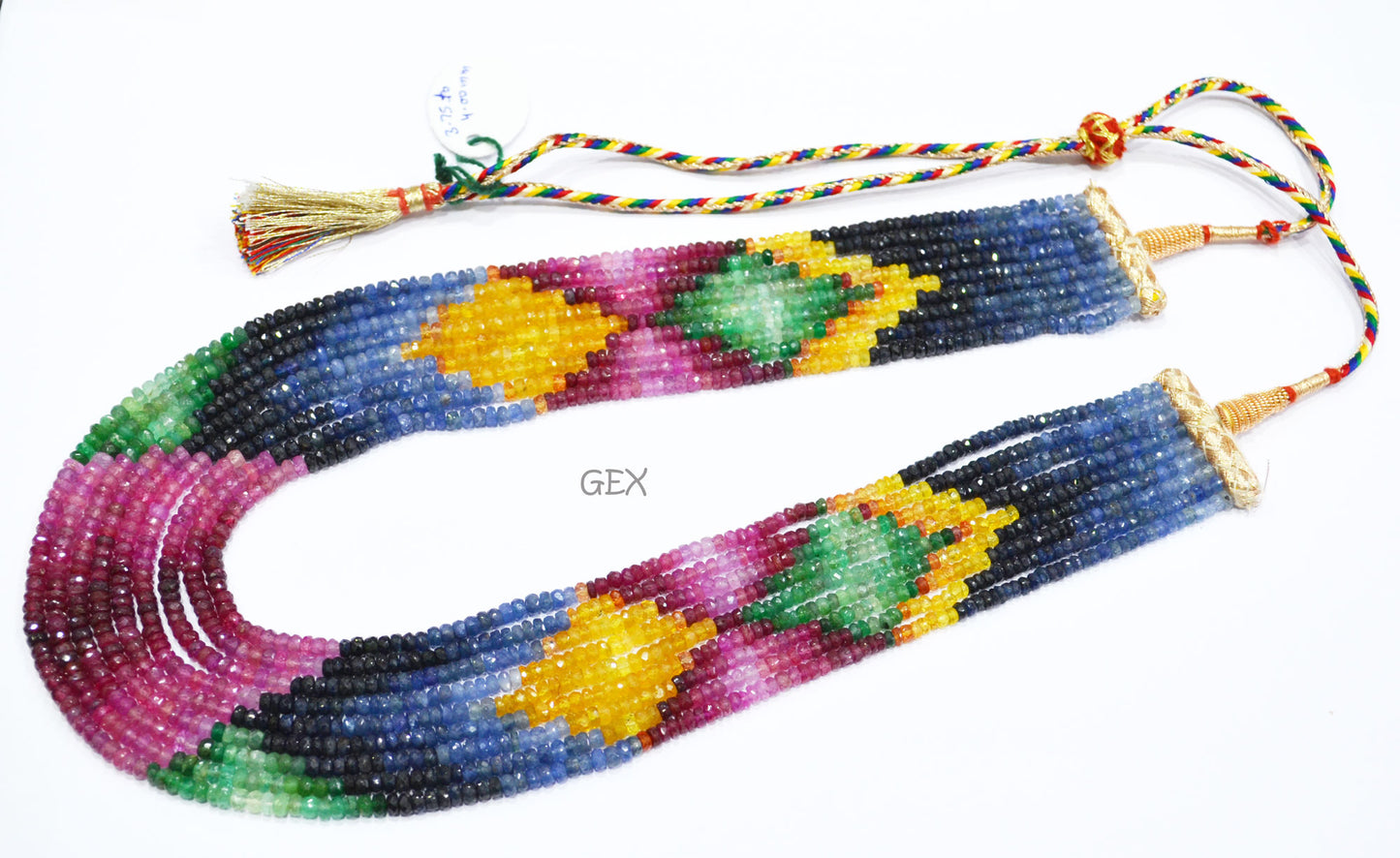 Multi Semi Precious Faceted Rondelle Shape Necklace , Multi Semi Precious Gemstone 9 Line Necklace 16 - 20 Inches Long With Adjustable Tussle , 3.75 - 4 mm , 32048