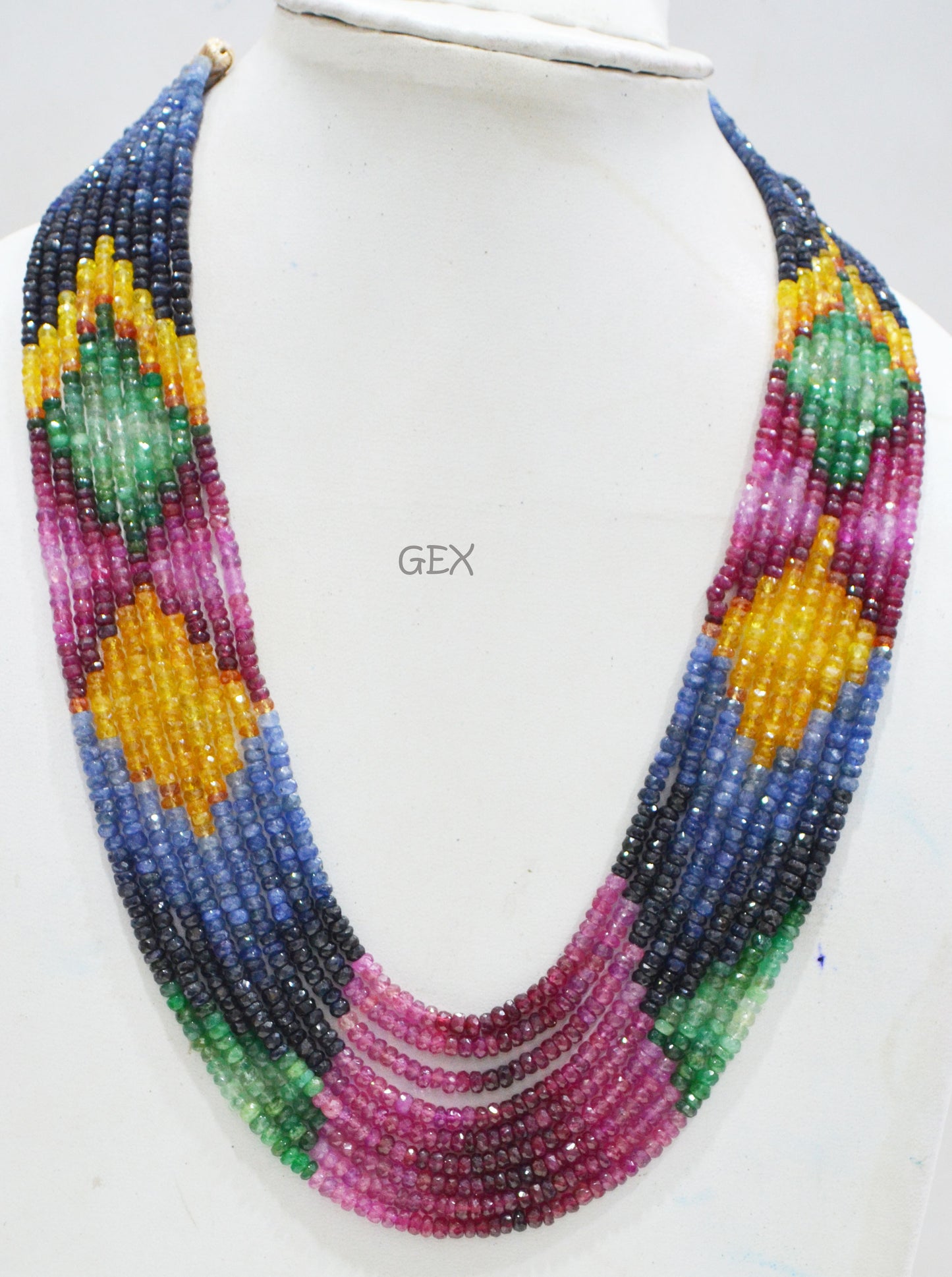 Multi Semi Precious Faceted Rondelle Shape Necklace , Multi Semi Precious Gemstone 9 Line Necklace 16 - 20 Inches Long With Adjustable Tussle , 3.75 - 4 mm , 32048