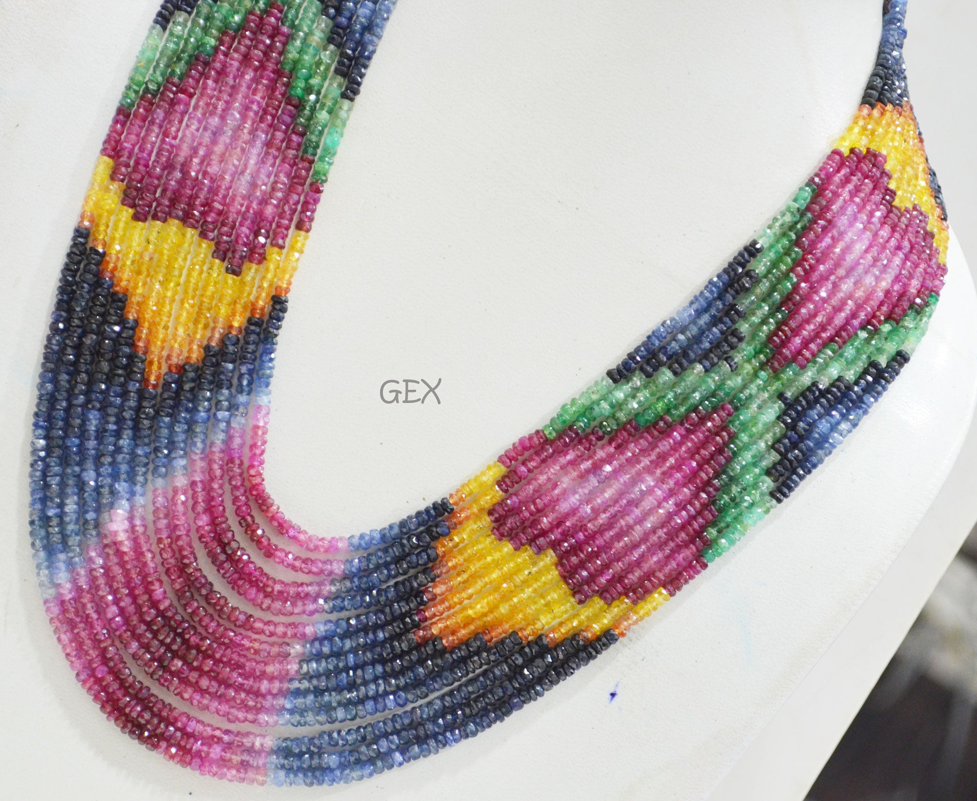 Multi Semi Precious Faceted Rondelle Shape Necklace , Multi Semi Precious Gemstone 13 Line Necklace 16 - 21 Inches Long With Adjustable Tussle , 3 - 3.50 mm , 32049