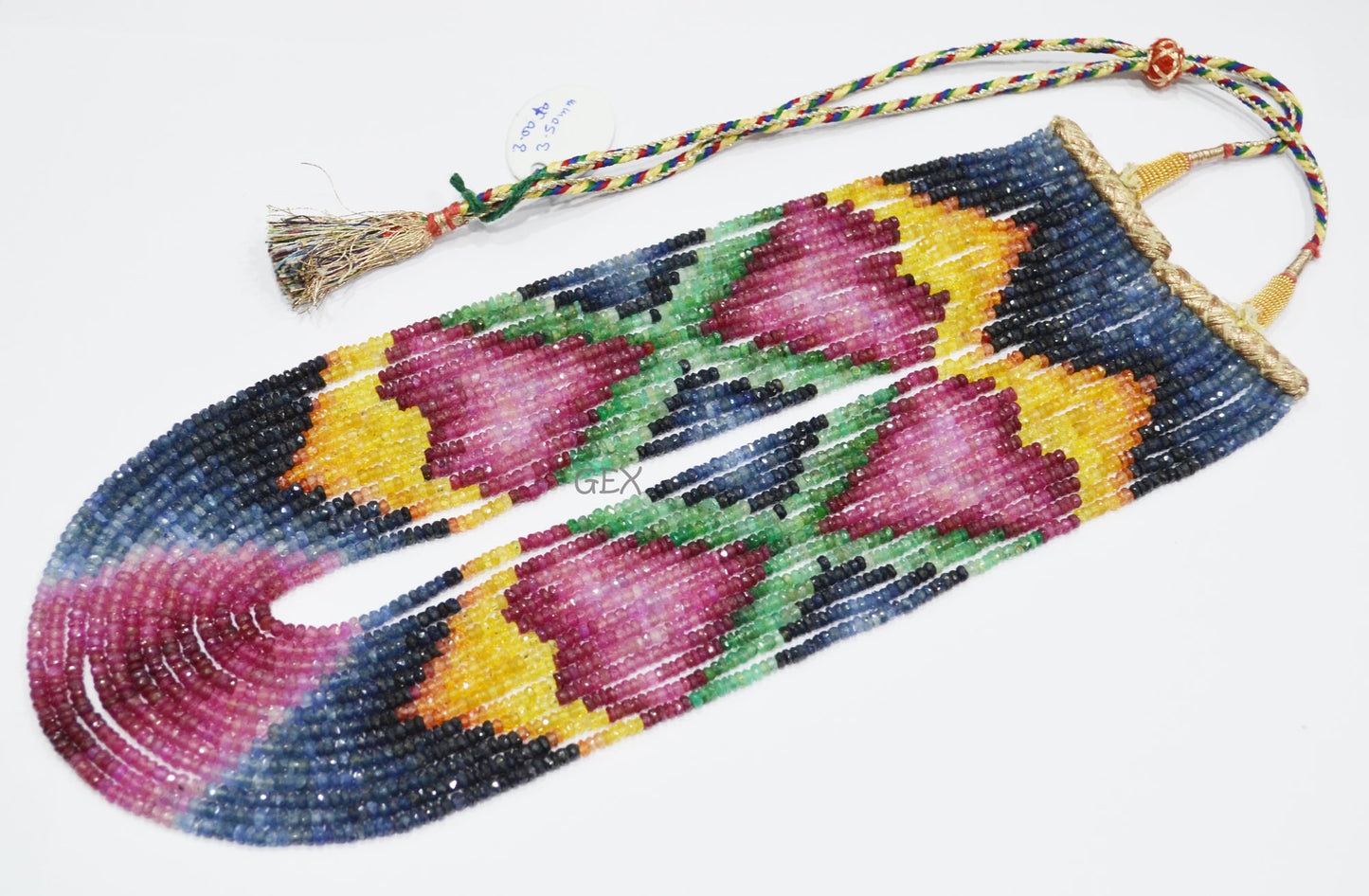 Multi Semi Precious Faceted Rondelle Shape Necklace , Multi Semi Precious Gemstone 13 Line Necklace 16 - 21 Inches Long With Adjustable Tussle , 3 - 3.50 mm , 32049