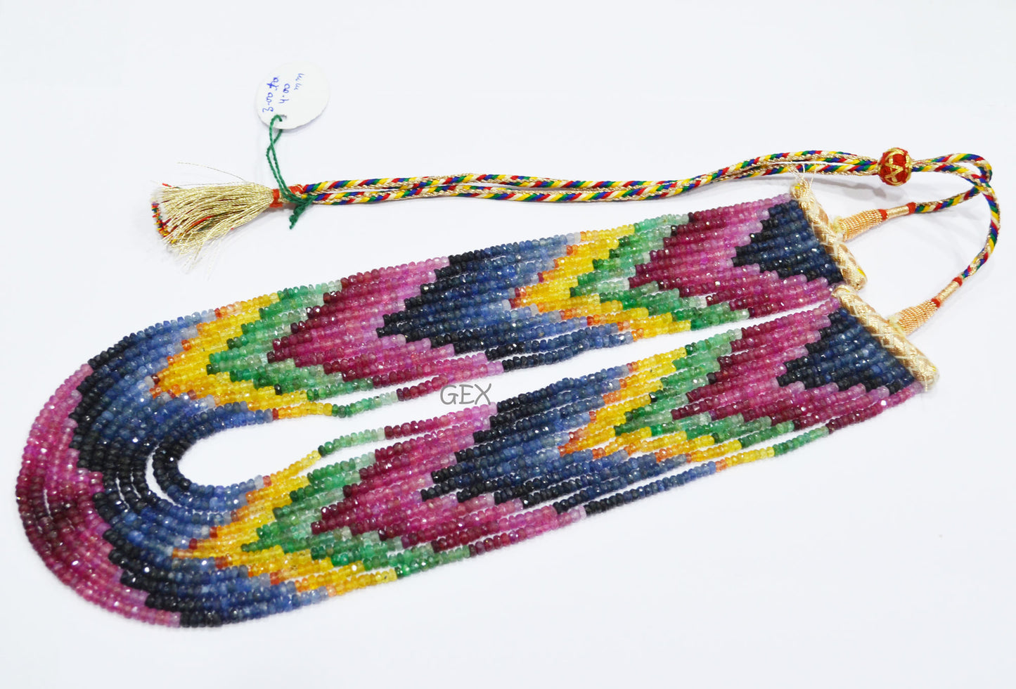 Multi Semi Precious Faceted Rondelle Shape Necklace , Multi Semi Precious Gemstone 11 Line Necklace 16 - 21 Inches Long With Adjustable Tussle , 3 - 4 mm , 32050