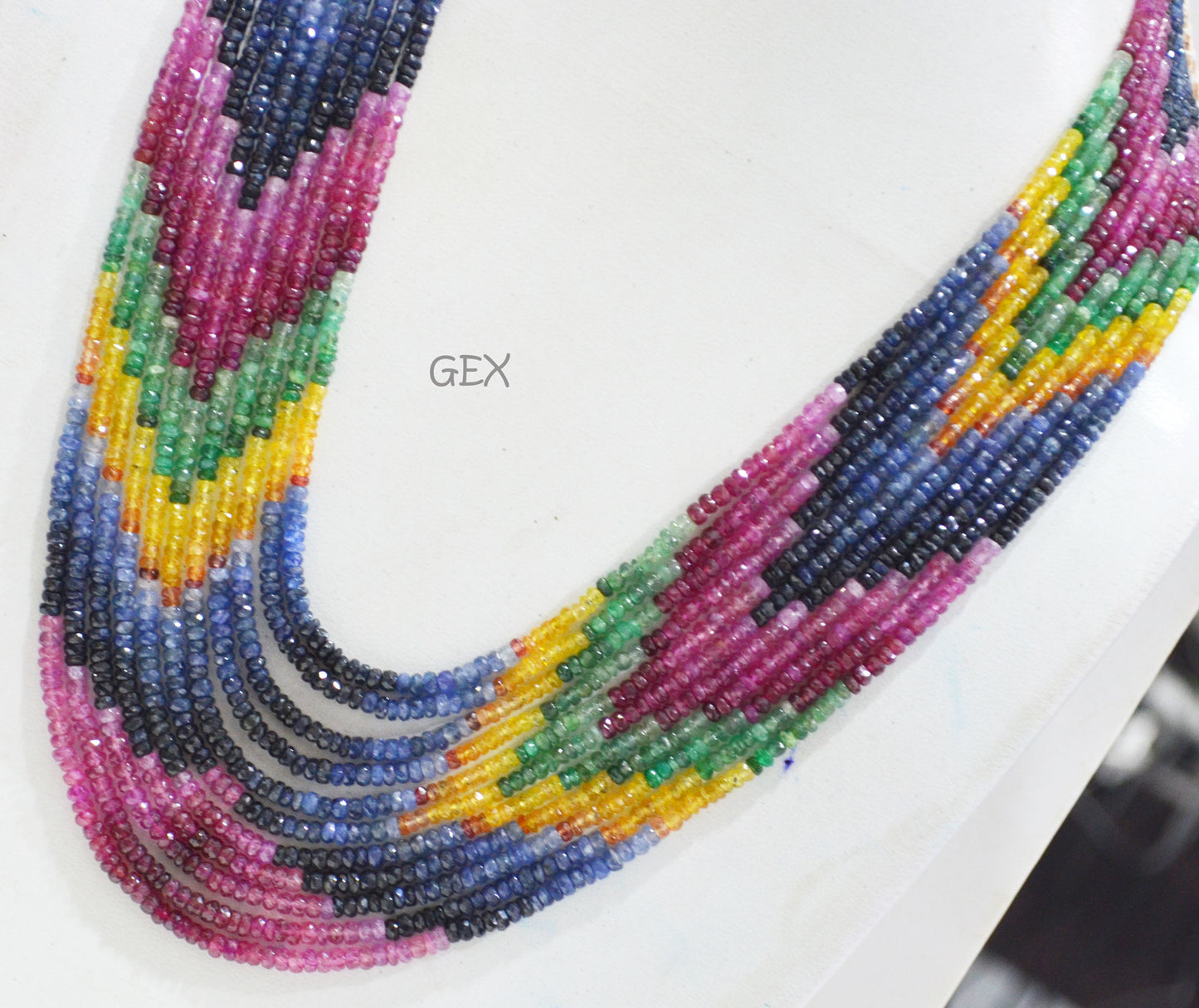 Multi Semi Precious Faceted Rondelle Shape Necklace , Multi Semi Precious Gemstone 11 Line Necklace 16 - 21 Inches Long With Adjustable Tussle , 3 - 4 mm , 32050