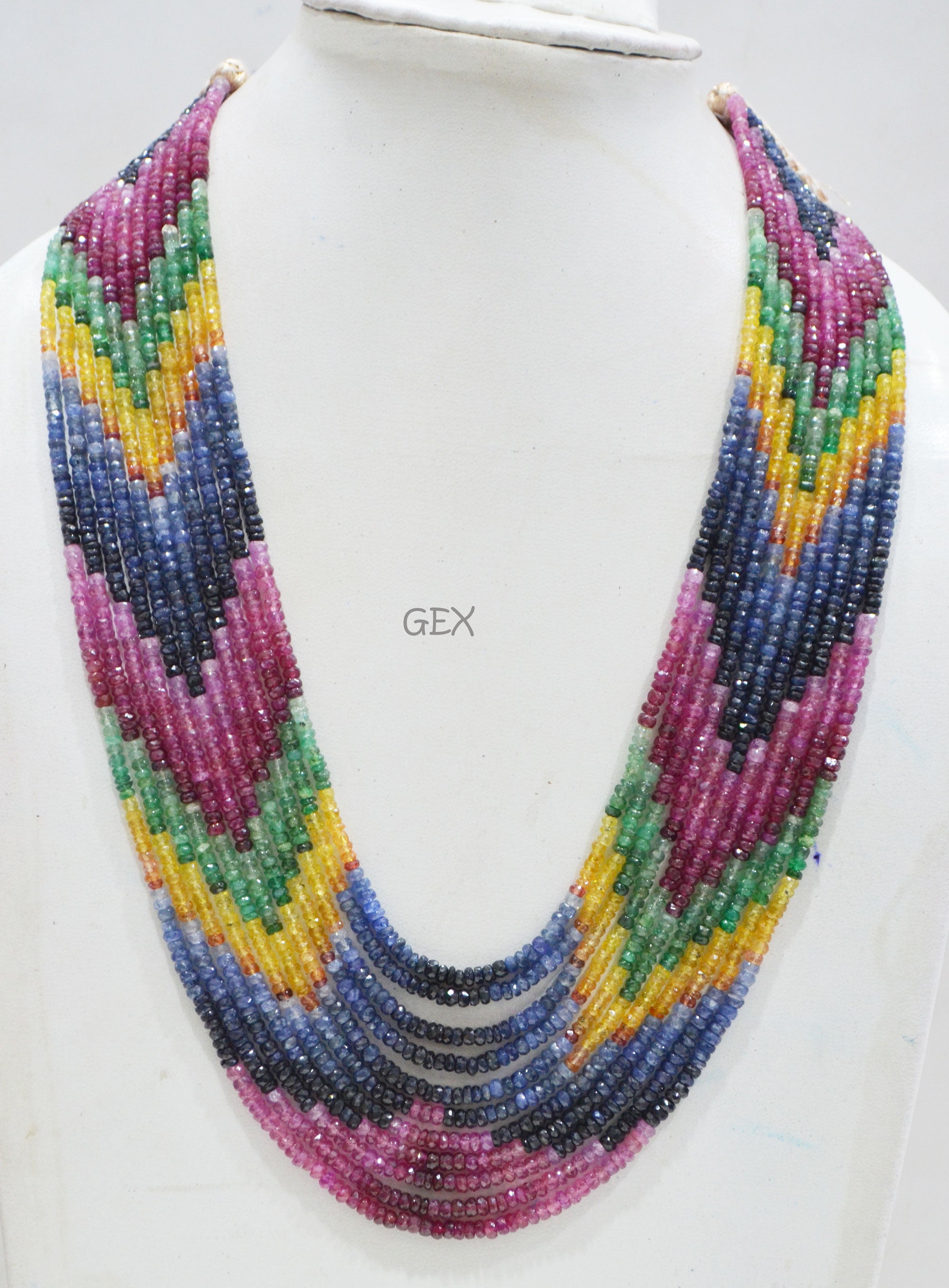 Multi Semi Precious Faceted Rondelle Shape Necklace , Multi Semi Precious Gemstone 11 Line Necklace 16 - 21 Inches Long With Adjustable Tussle , 3 - 4 mm , 32050