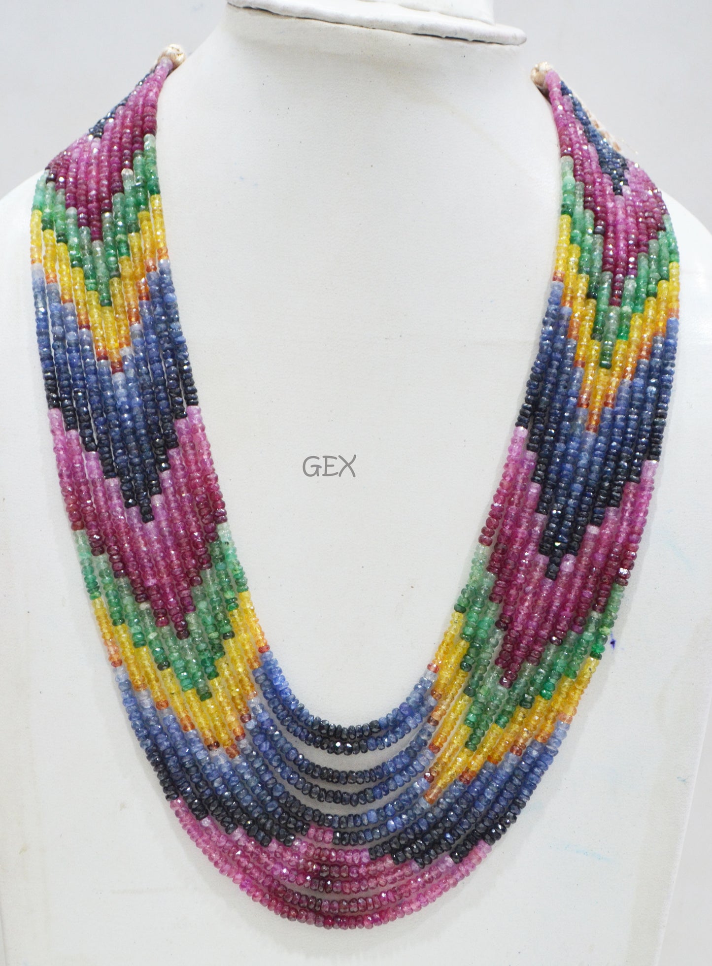 Multi Semi Precious Faceted Rondelle Shape Necklace , Multi Semi Precious Gemstone 11 Line Necklace 16 - 21 Inches Long With Adjustable Tussle , 3 - 4 mm , 32050