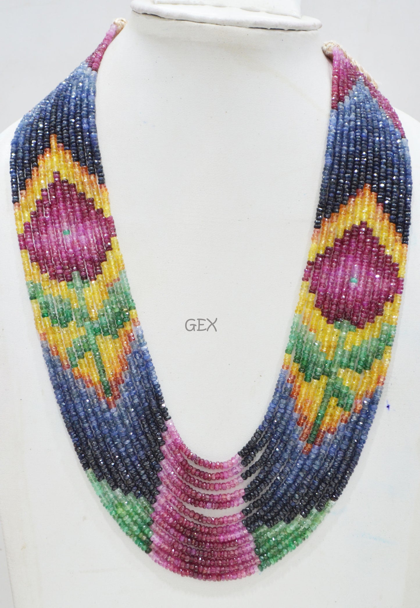 Multi Semi Precious Faceted Rondelle Shape Necklace , Multi Semi Precious Gemstone 13 Line Necklace 16 - 21 Inches Long With Adjustable Tussle , 3 - 3.50 mm , 32052