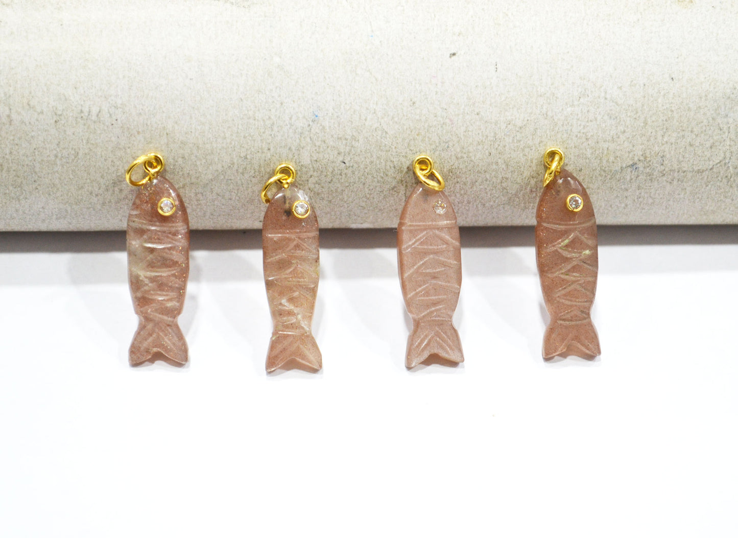 Peach Moonstone Carved Fish Shape Connector , Peach Moonstone With White Cubic Zirconia Single Bail Bezel Pendant , Sold By Piece , 9x31 mm , 32491