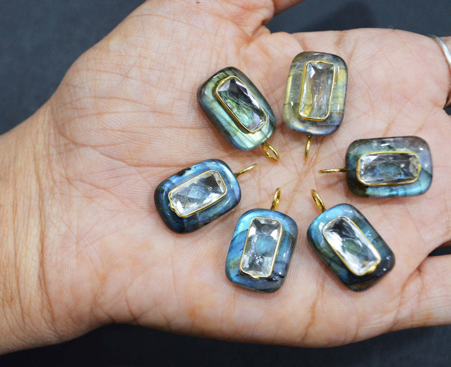 Labradorite Smooth Baguette Shape With Topaz Inlay Single Bail Connector , Sold By Piece , 13x17 mm , 32503