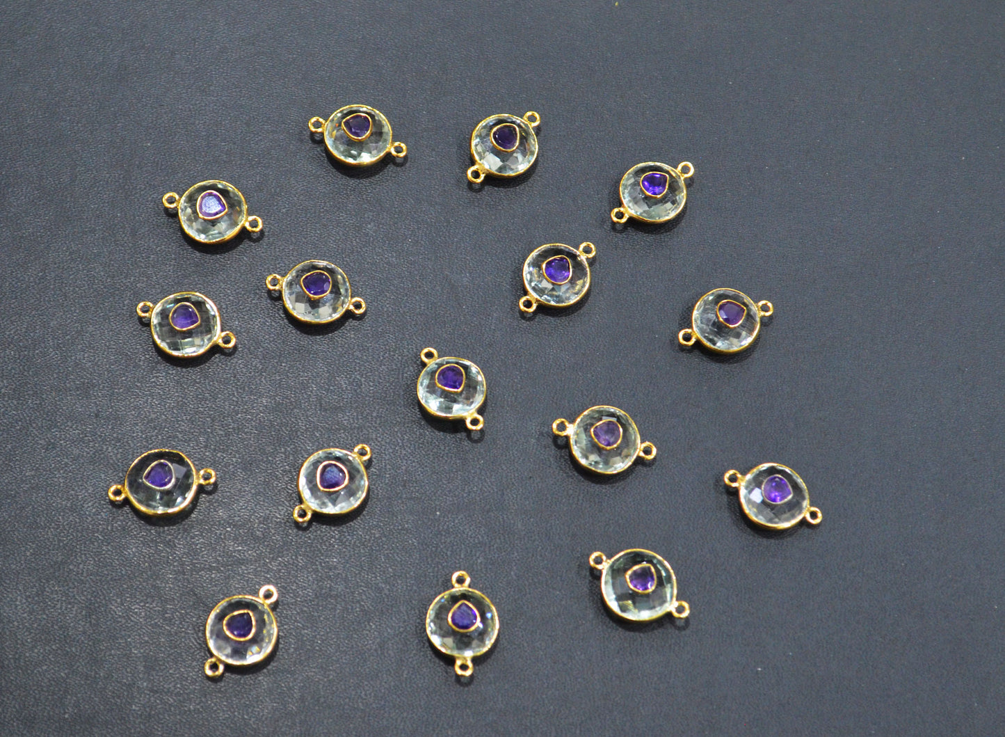 Green Amethyst Faceted Coin Shape With Amethyst Inlay Double Bail Connector , Sold By Piece , 12 - 14 mm , 32506