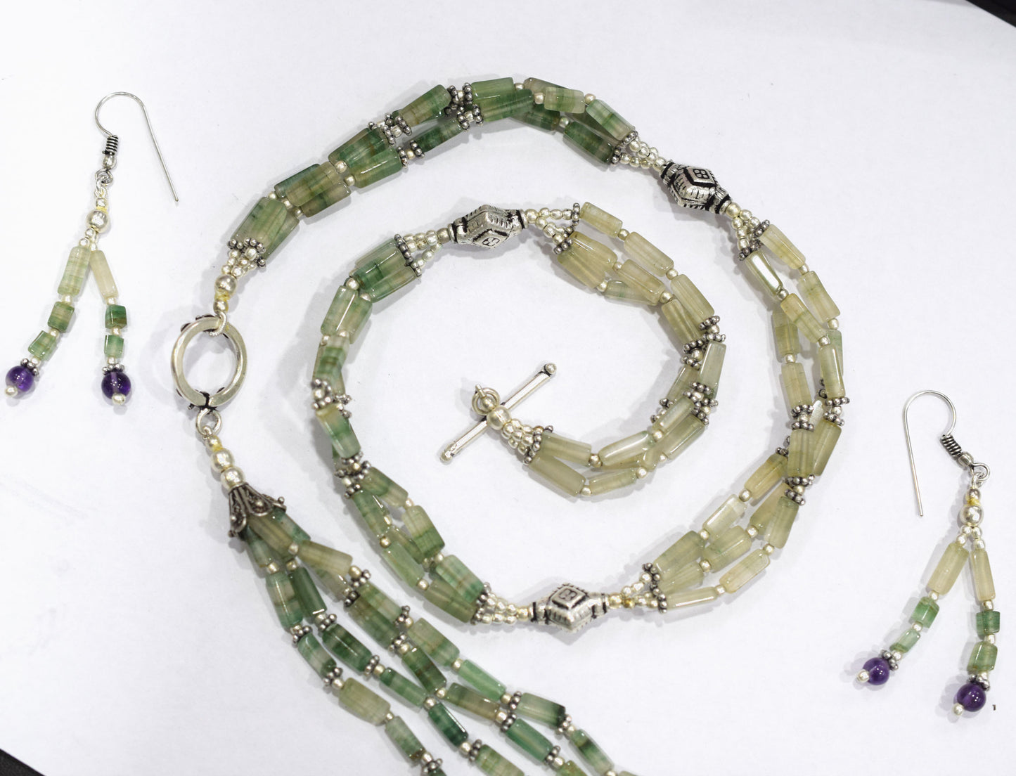 Natural Green Aventurine & Amethyst Beaded Tassel Necklace with Matching Earrings Set, 32808