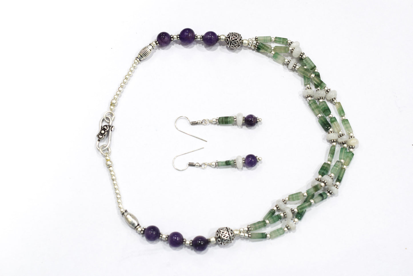 Natural Green Aventurine, White Agate & Amethyst Layered Necklace Set With Matching Earrings , 32809 (Copy)