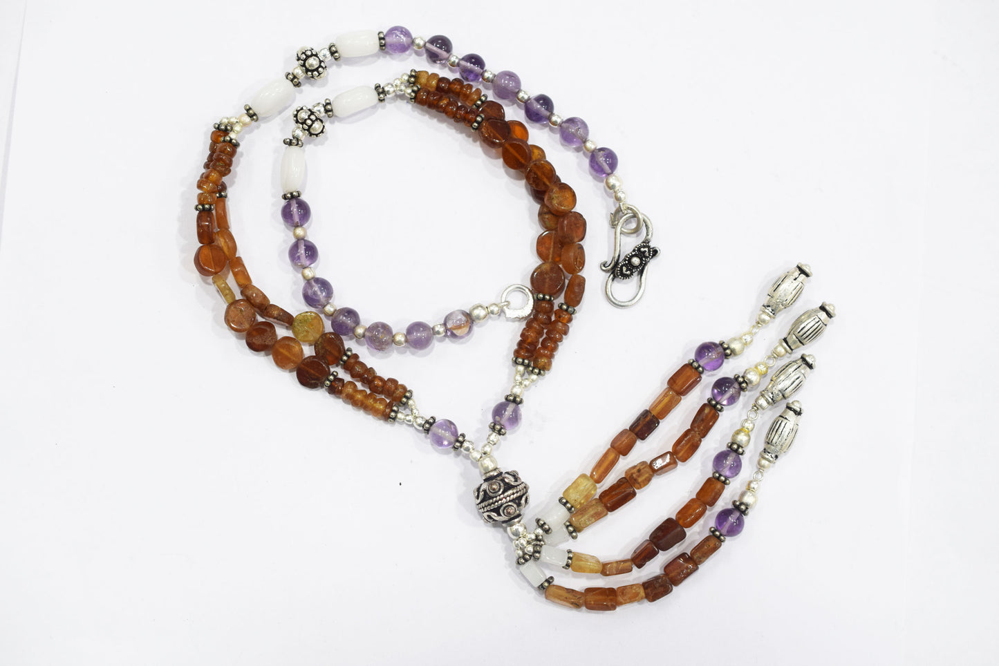 Natural Hessonite Garnet Amethyst and White Agate Tassel Necklace Set, Multi Strand Gemstone Statement Jewelry with Tiered Dangle Earrings, Gift for Her, 32832