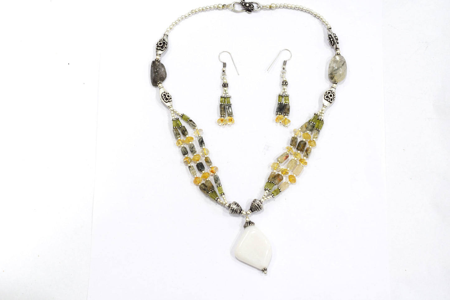 Natural White Agate Pendant Citrine Peridot and Rutile Quartz Layered Necklace Set, Mixed Gemstone Jewelry with Dangle Earrings, 32835