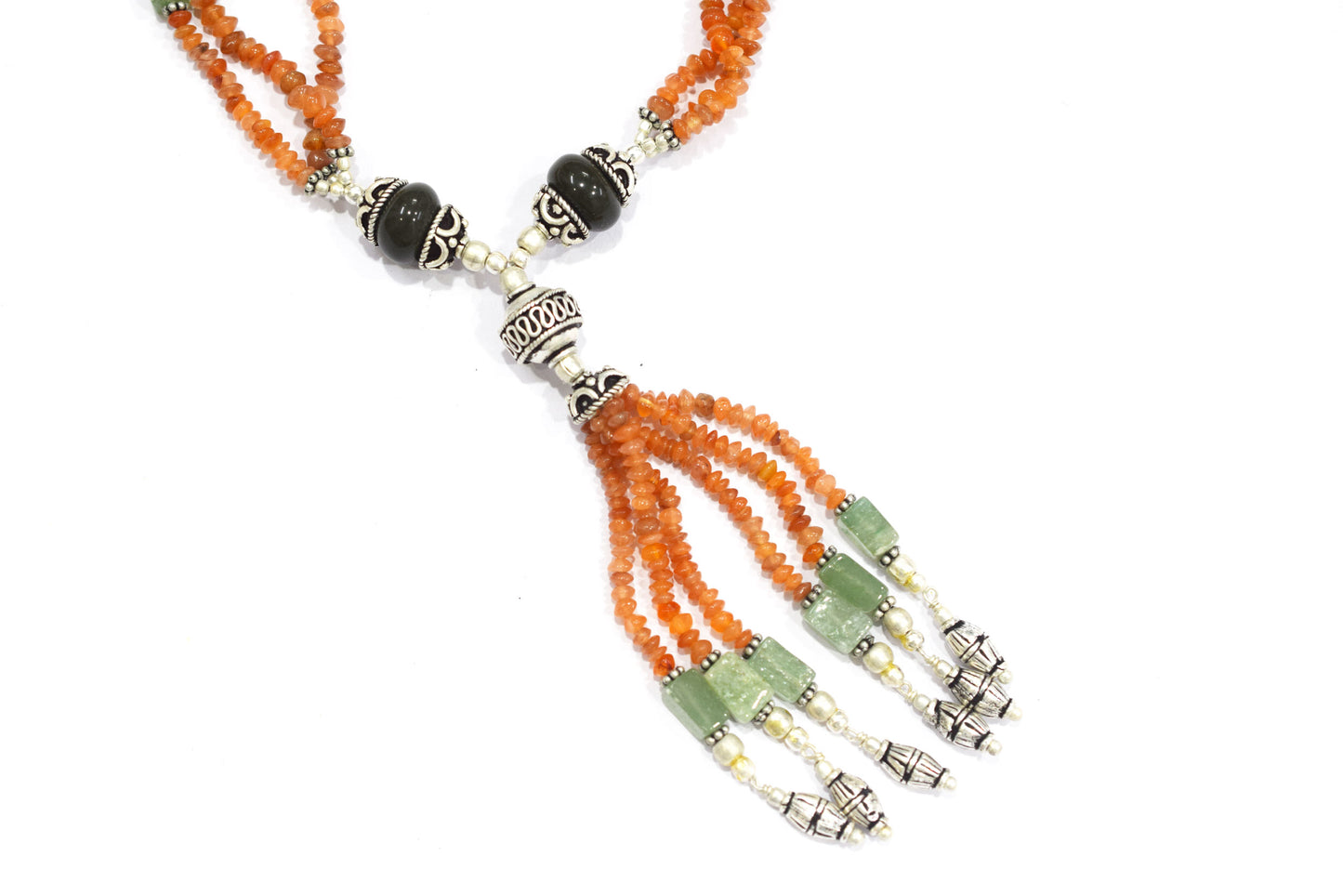 Green Aventurine Carnelian Tassel Necklace Set, Beaded Gemstone Lariat and Dangle Earrings, Orange and Green Boho Crystal Jewelry Gift, 32841