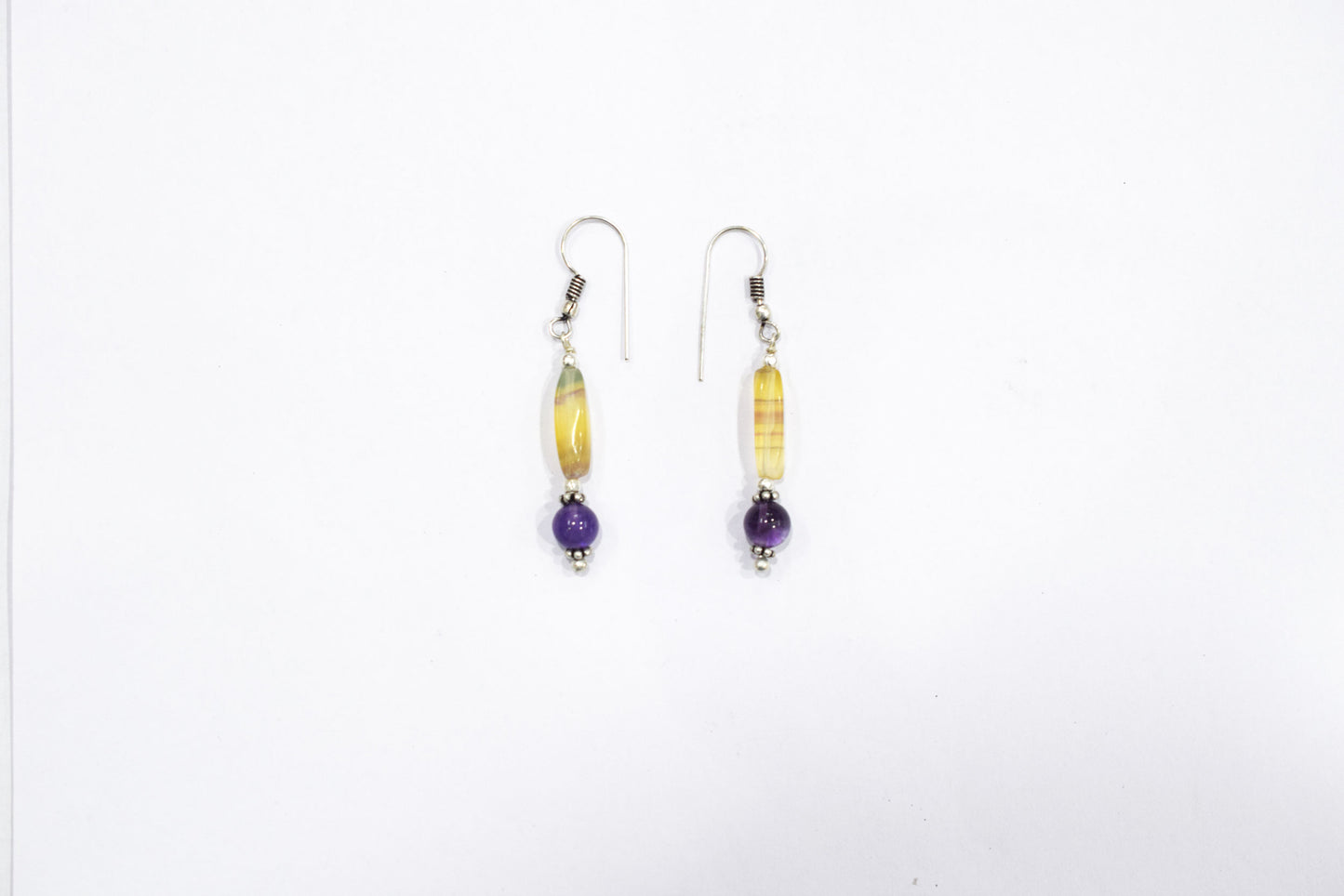Natural Rainbow Fluorite Tassel Necklace Set - Purple and Yellow Gemstone Beaded Y Necklace with Matching Earrings , 32846